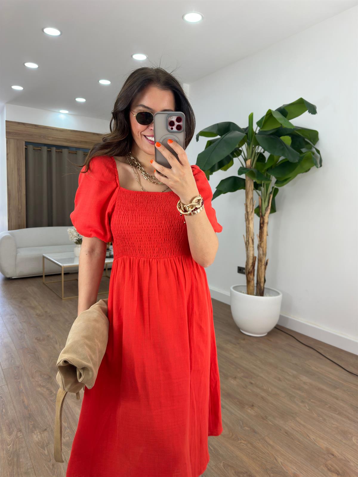 Gipeli Balon Kol Midi Elbise - Kırmızı 