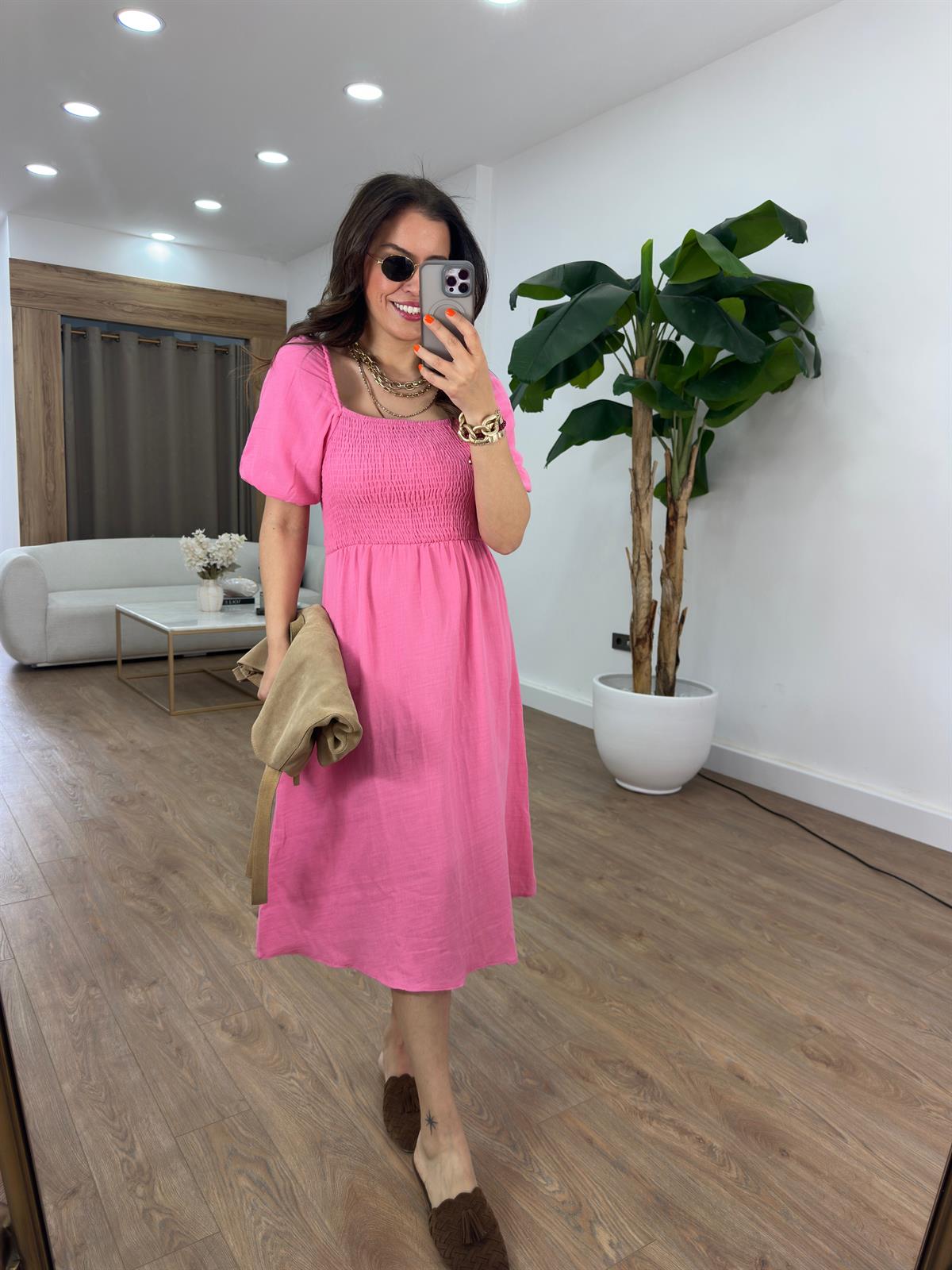 Gipeli Balon Kol Midi Elbise - Pembe 