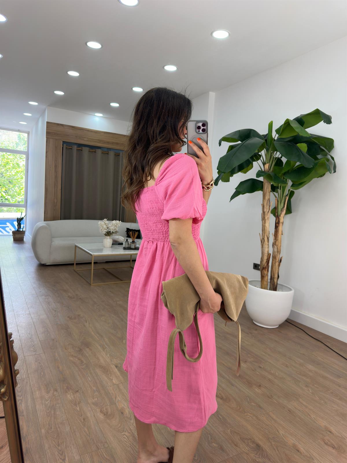 Gipeli Balon Kol Midi Elbise - Pembe 