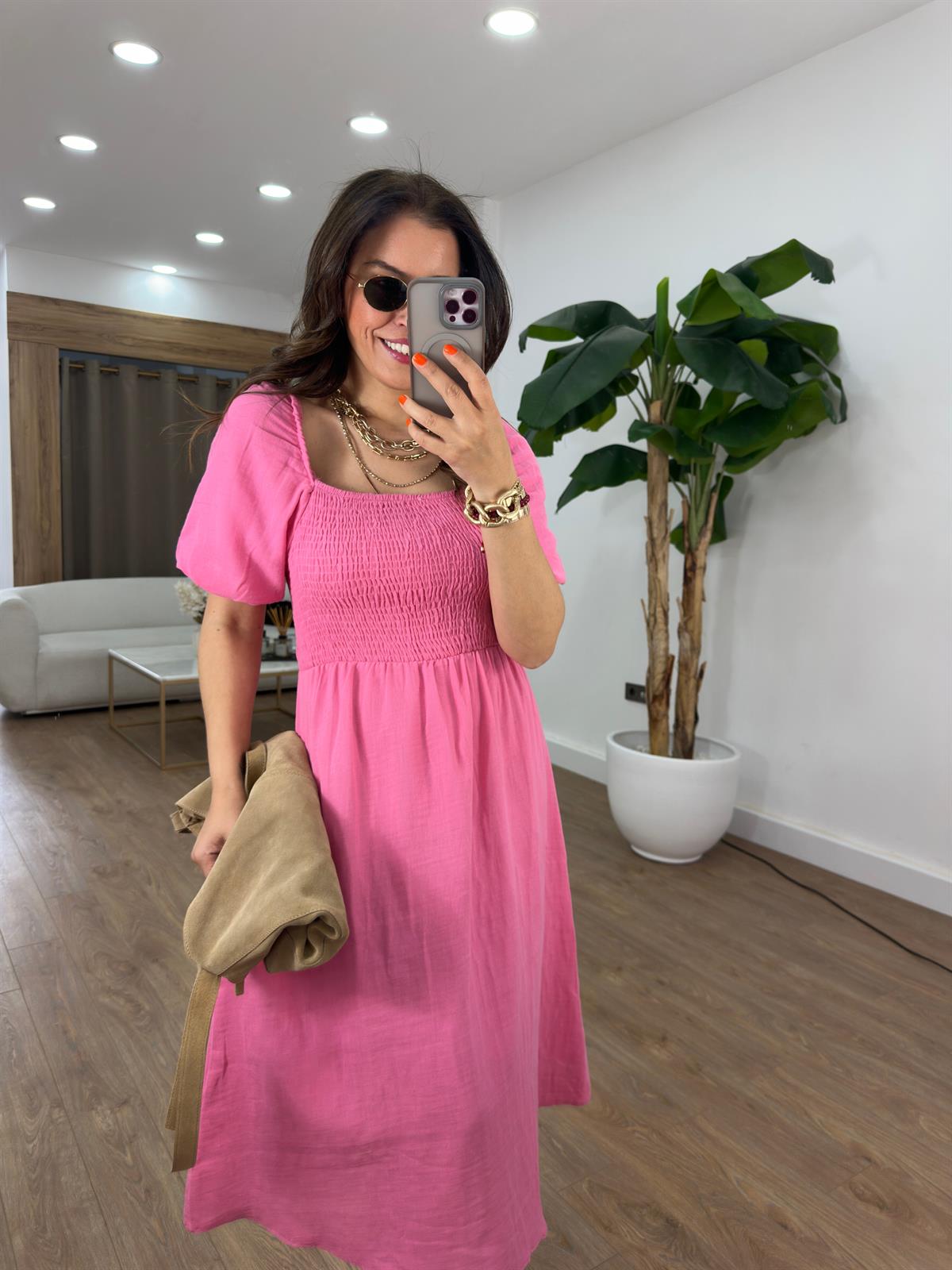 Gipeli Balon Kol Midi Elbise - Pembe 