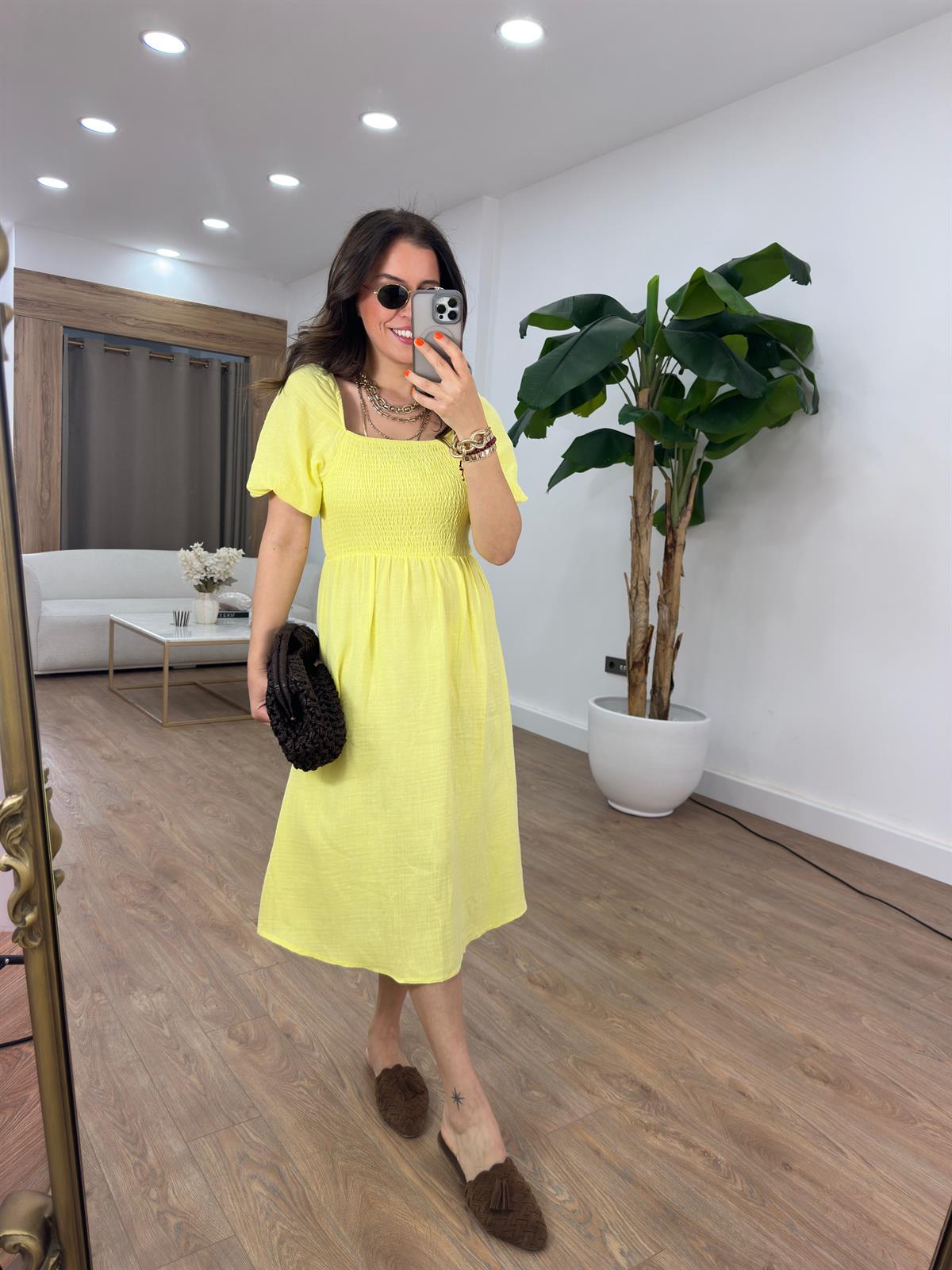 Gipeli Balon Kol Midi Elbise - Sarı 