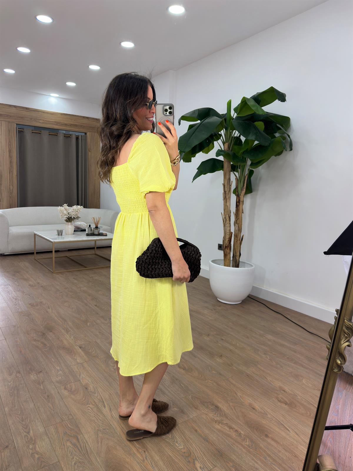 Gipeli Balon Kol Midi Elbise - Sarı 