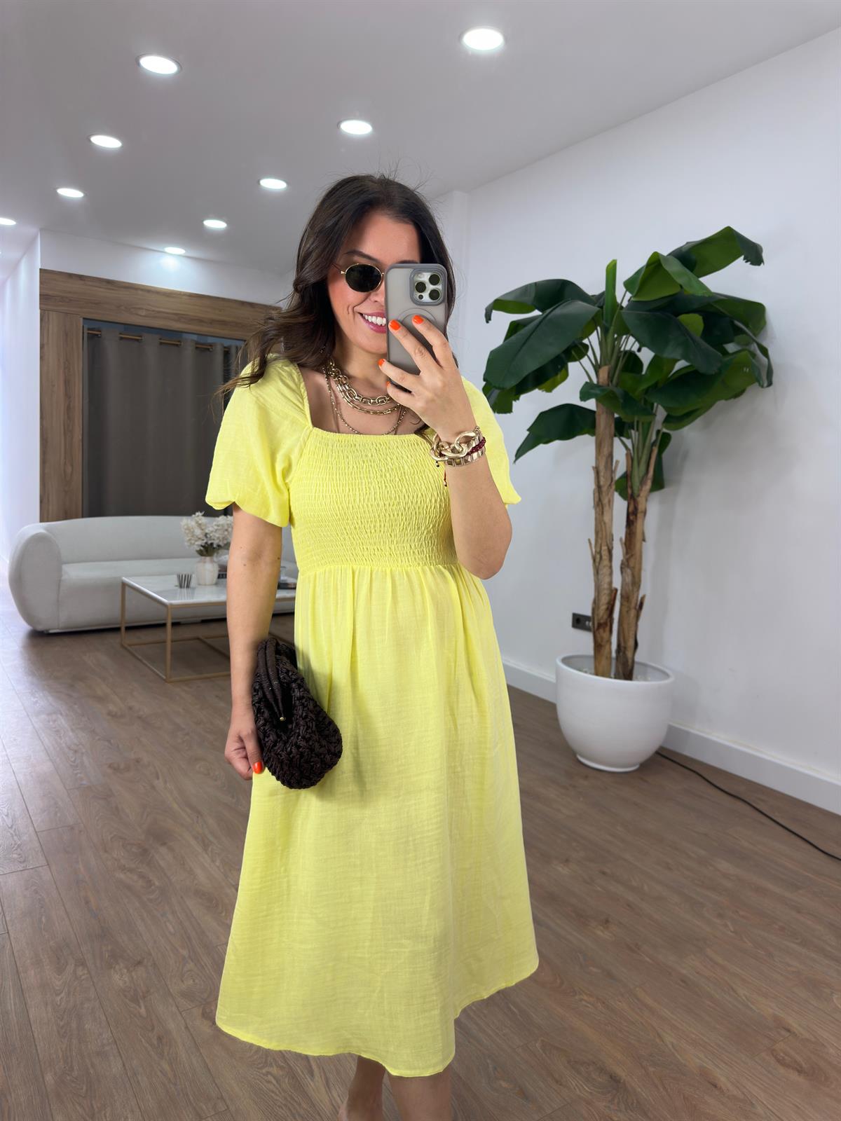 Gipeli Balon Kol Midi Elbise - Sarı 