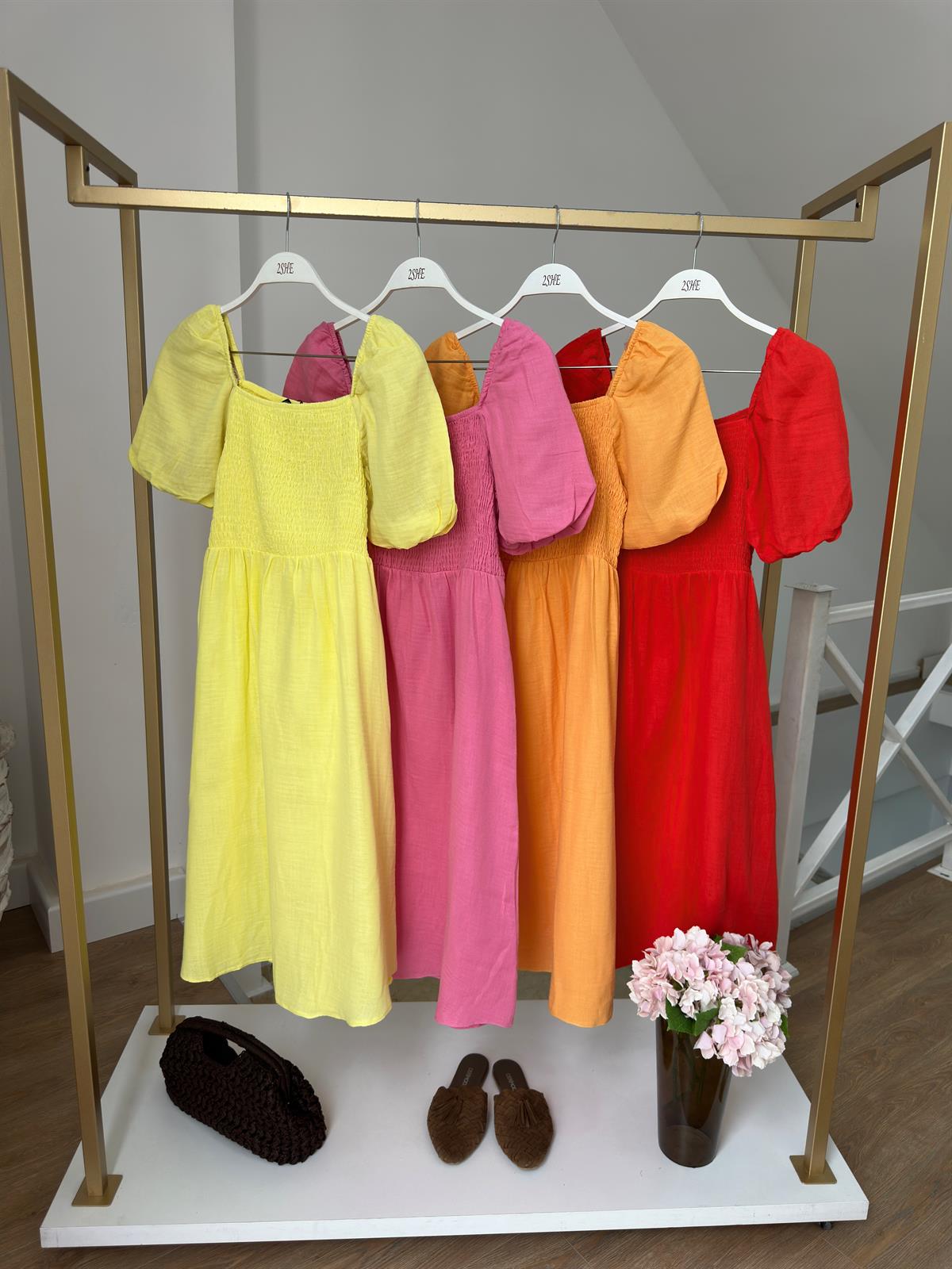 Gipeli Balon Kol Midi Elbise - Turuncu 