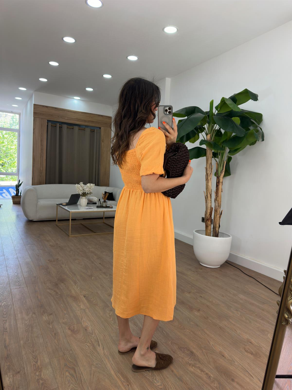 Gipeli Balon Kol Midi Elbise - Turuncu 