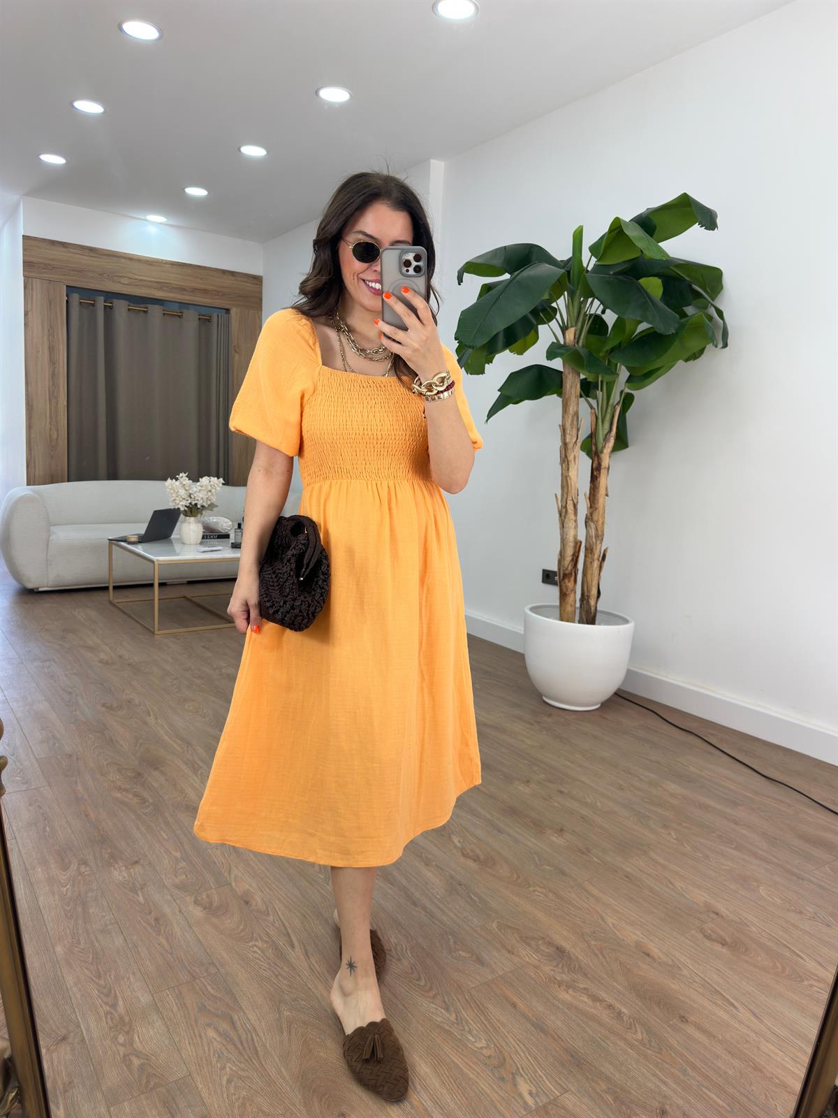 Gipeli Balon Kol Midi Elbise - Turuncu 