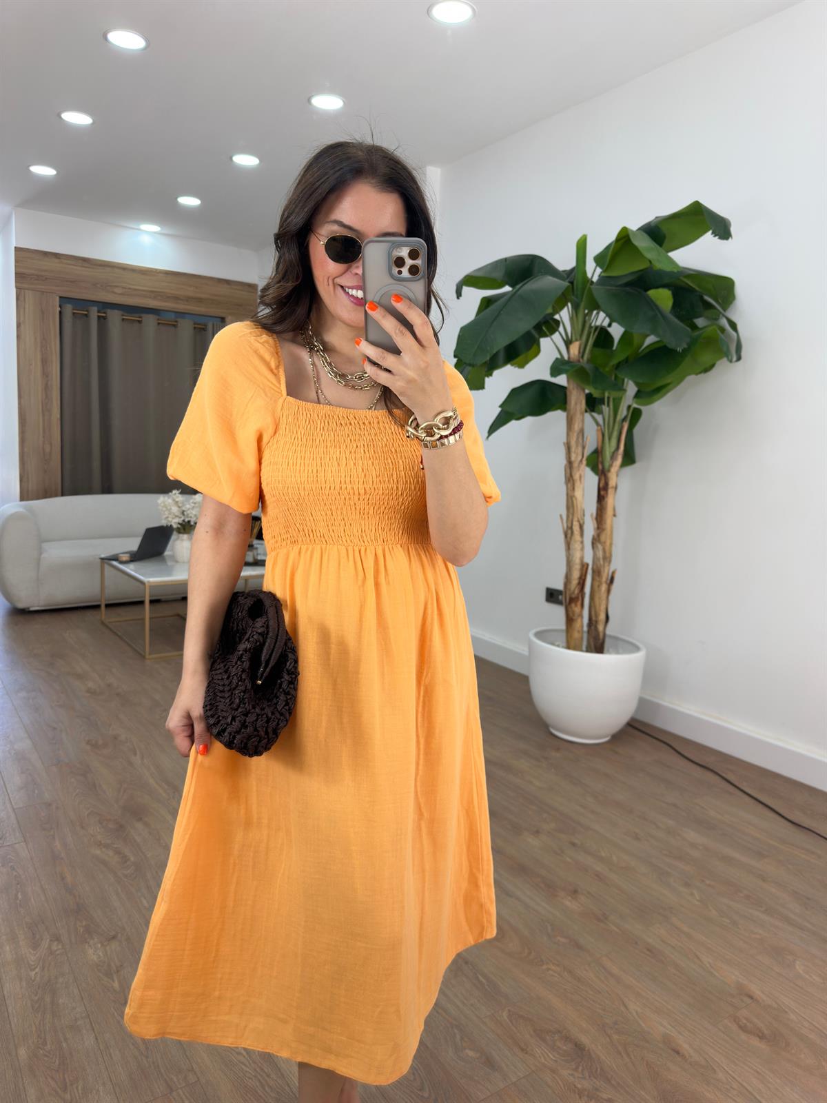 Gipeli Balon Kol Midi Elbise - Turuncu 