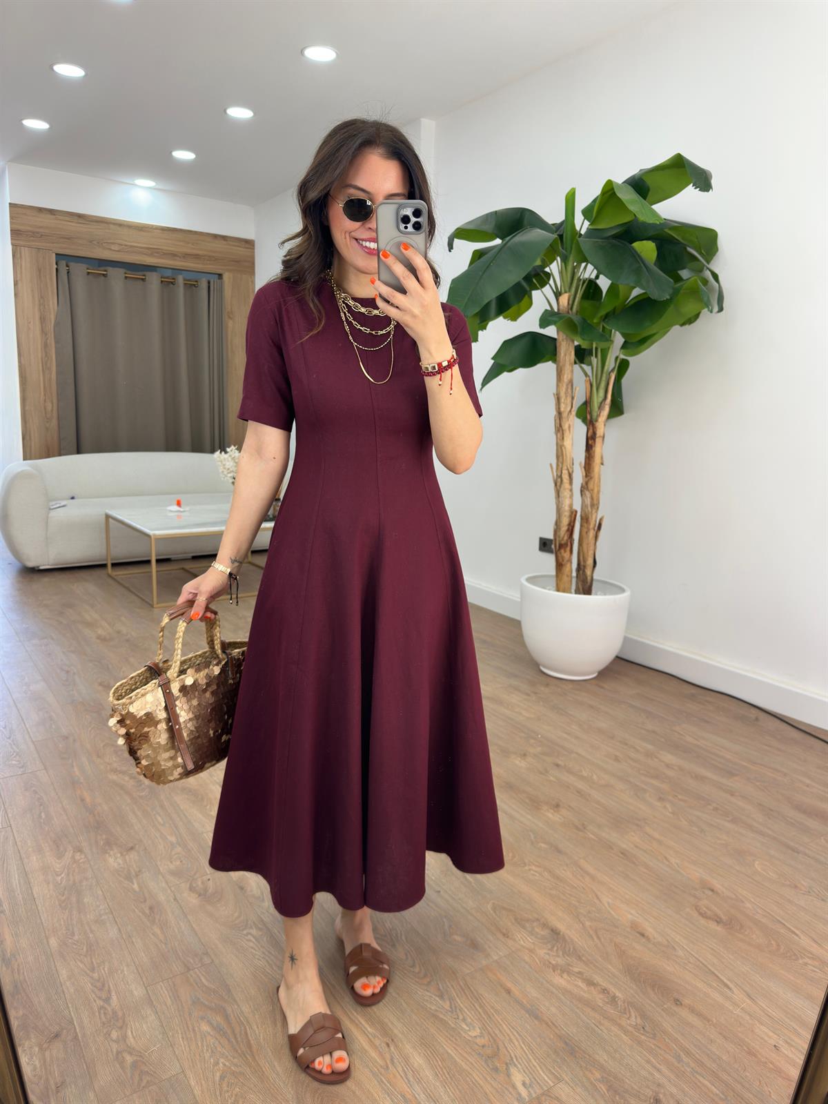 Godeli Kloş Keten Elbise - Bordo