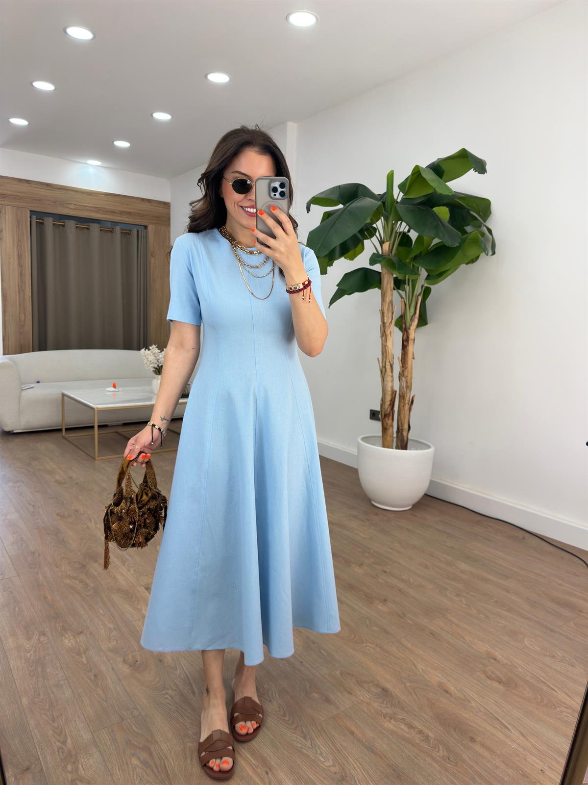 Godeli Kloş Keten Elbise - Mavi