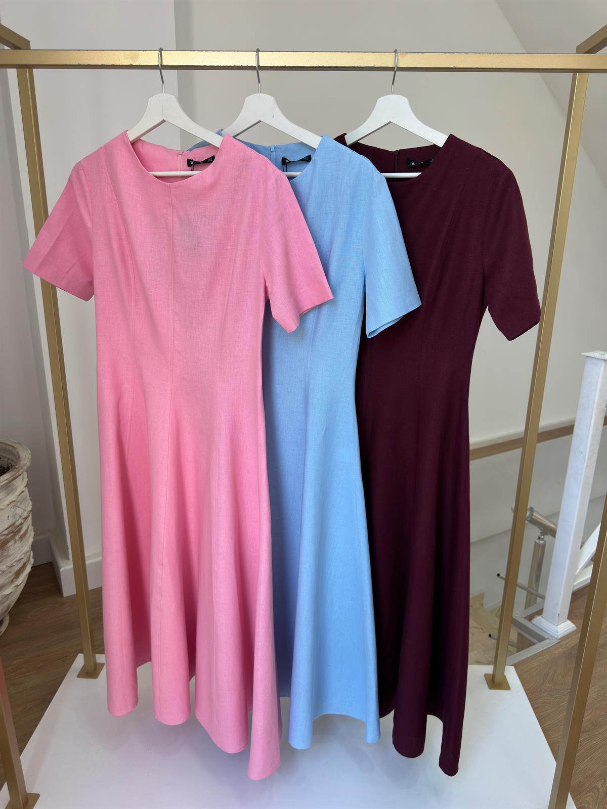 Godeli Kloş Keten Elbise - Mavi