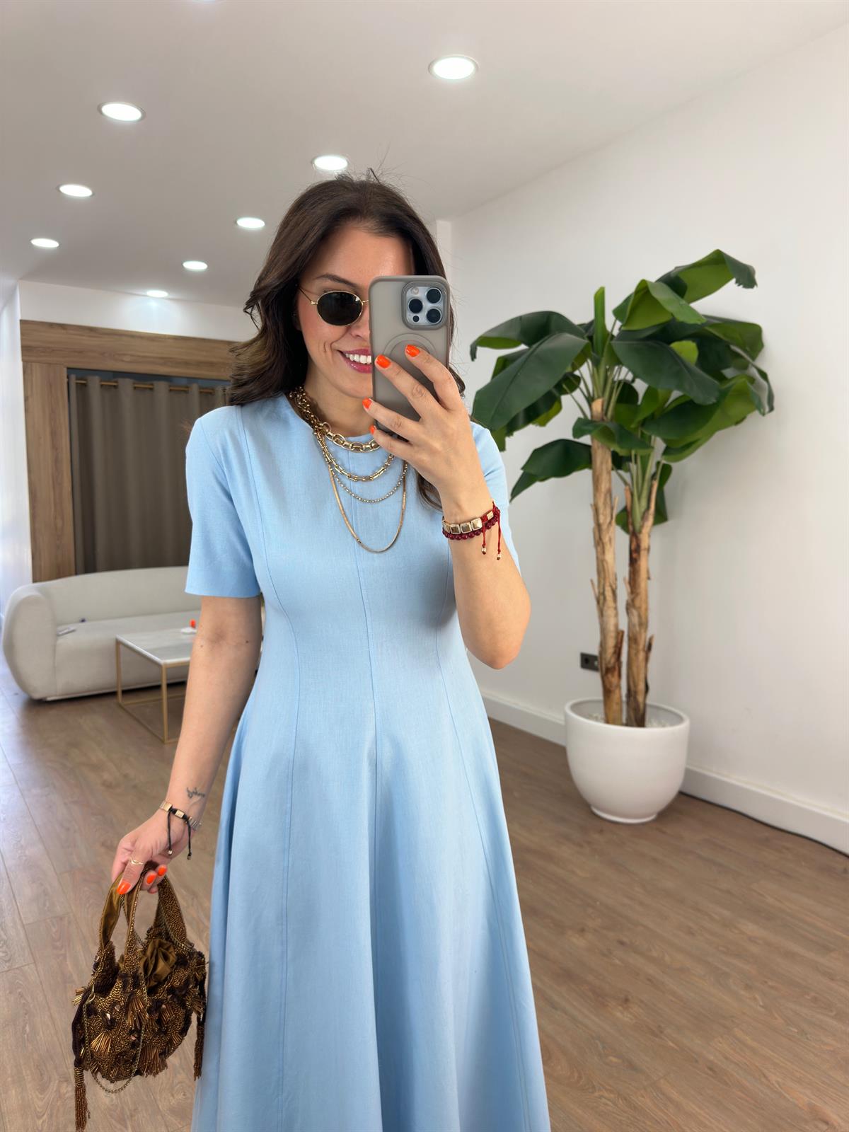 Godeli Kloş Keten Elbise - Mavi