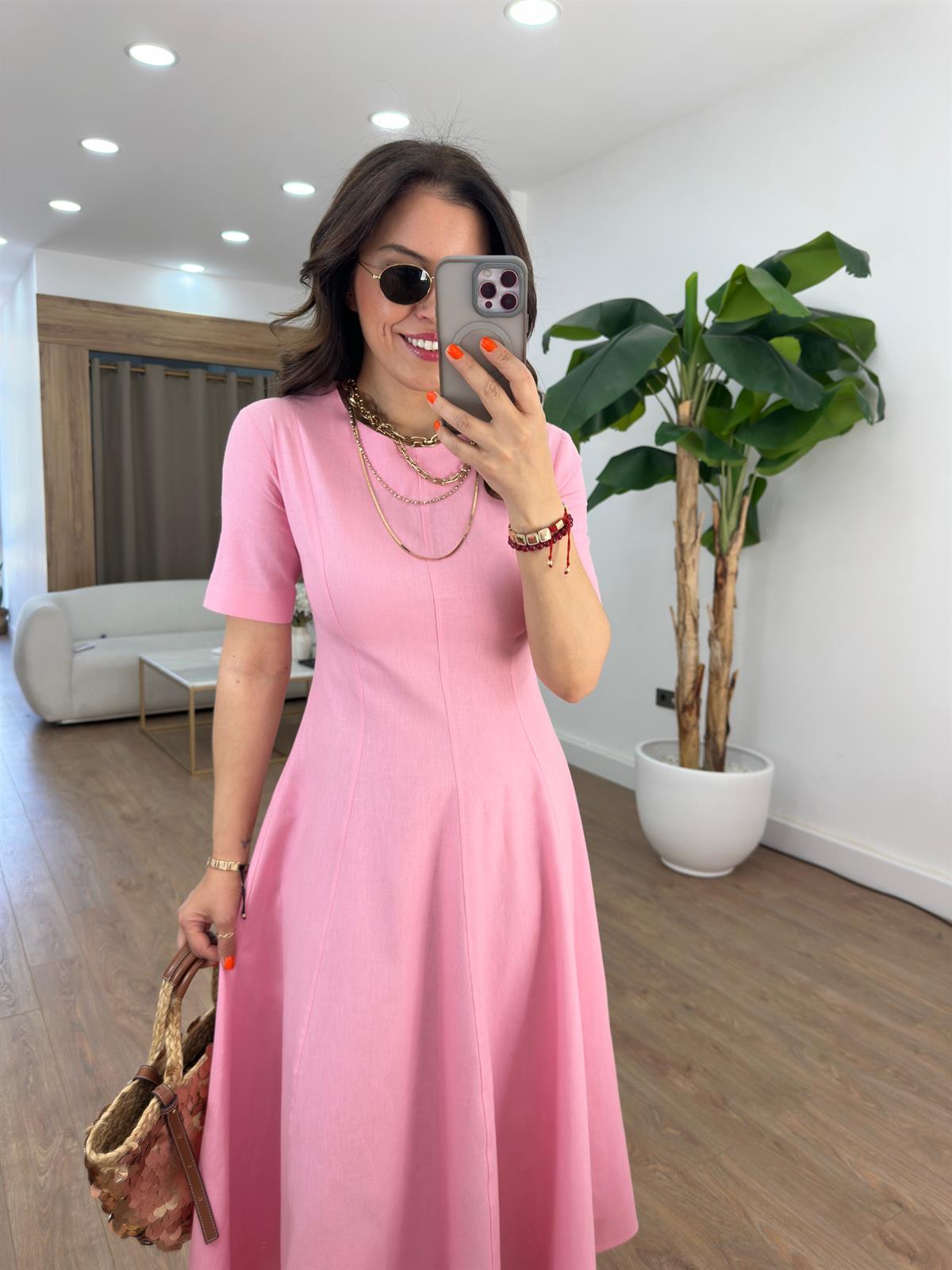 Godeli Kloş Keten Elbise - Pembe