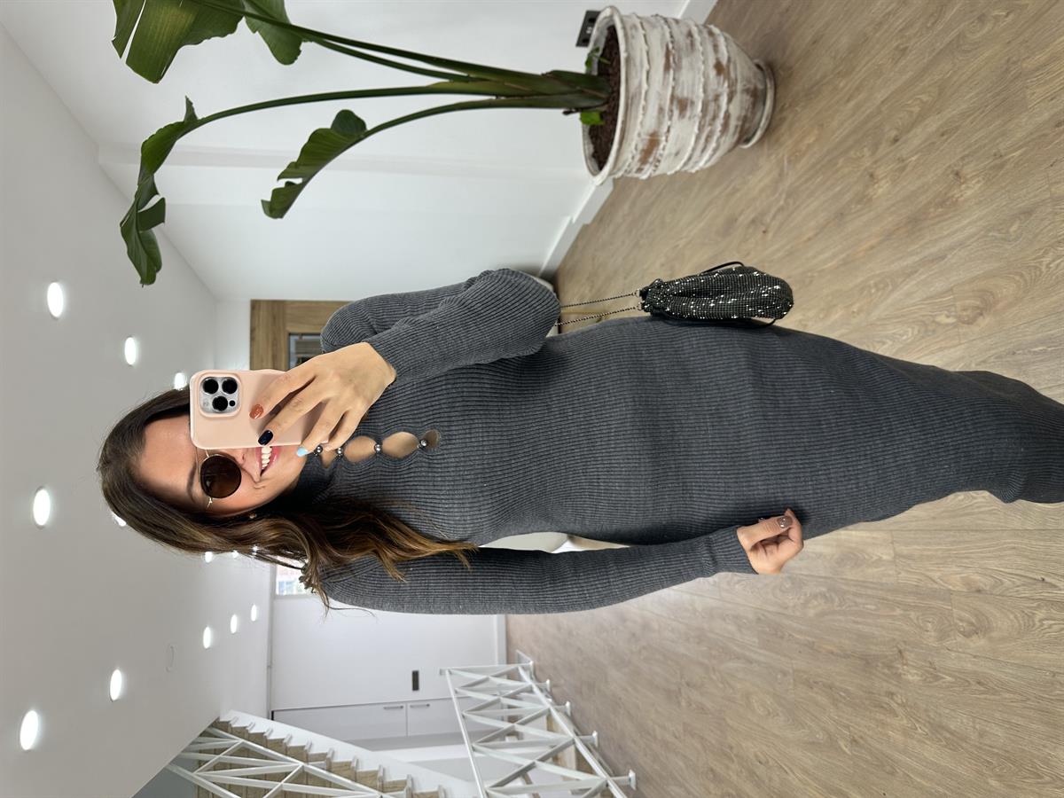 Göğsü İnci Düğmeli Triko Elbise-Füme