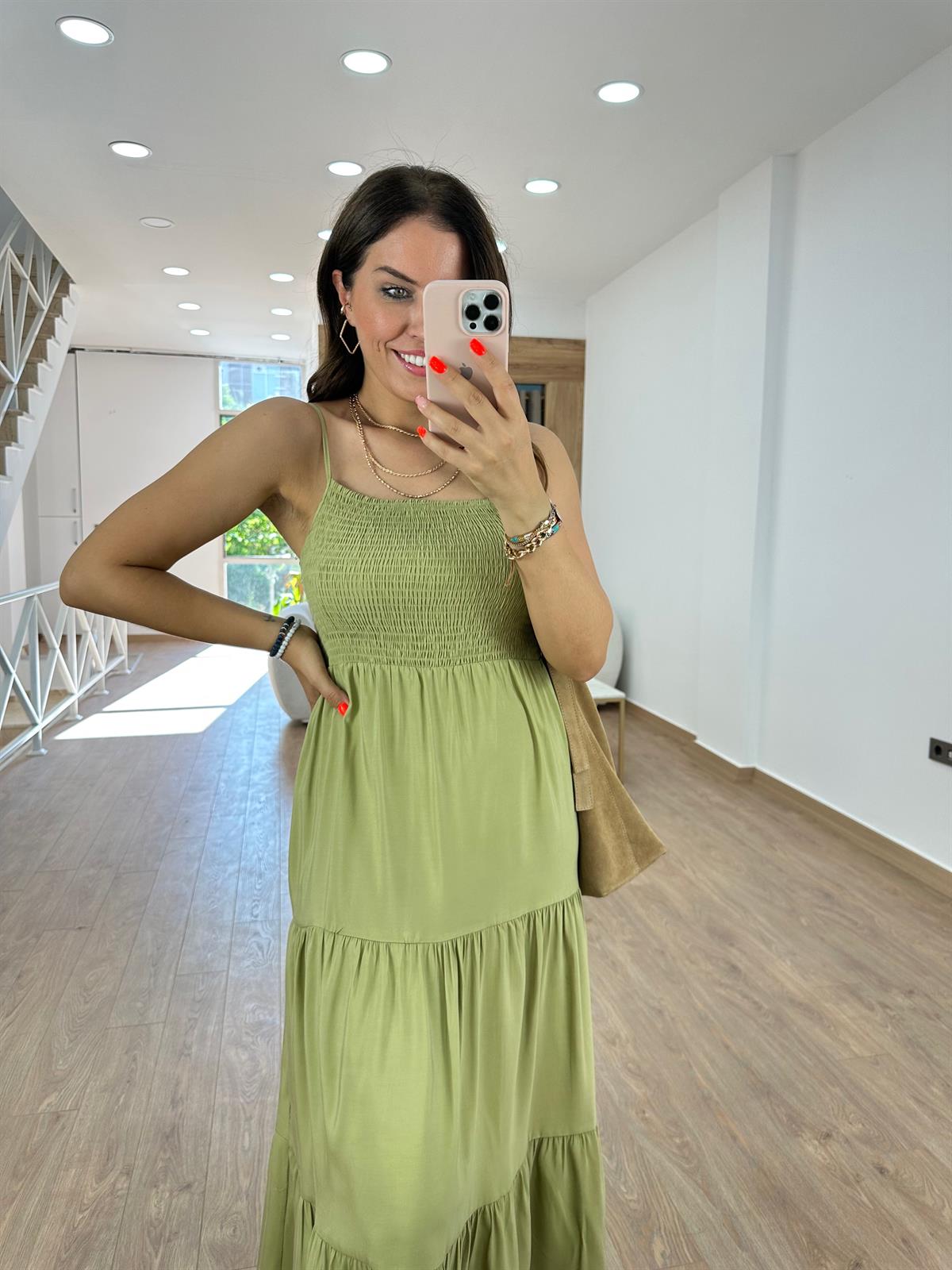 Göğüsü Gipeli Askılı Elbise-Haki