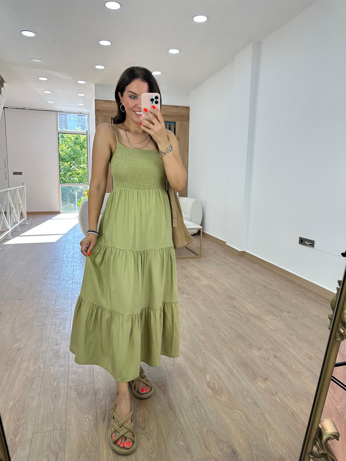 Göğüsü Gipeli Askılı Elbise-Haki