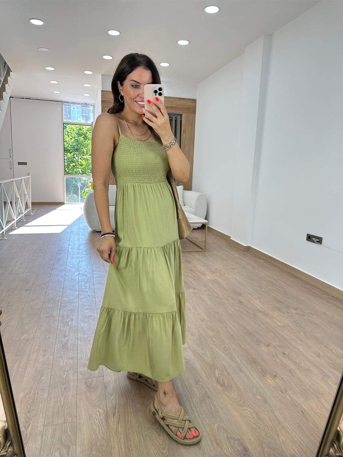 Göğüsü Gipeli Askılı Elbise-Haki