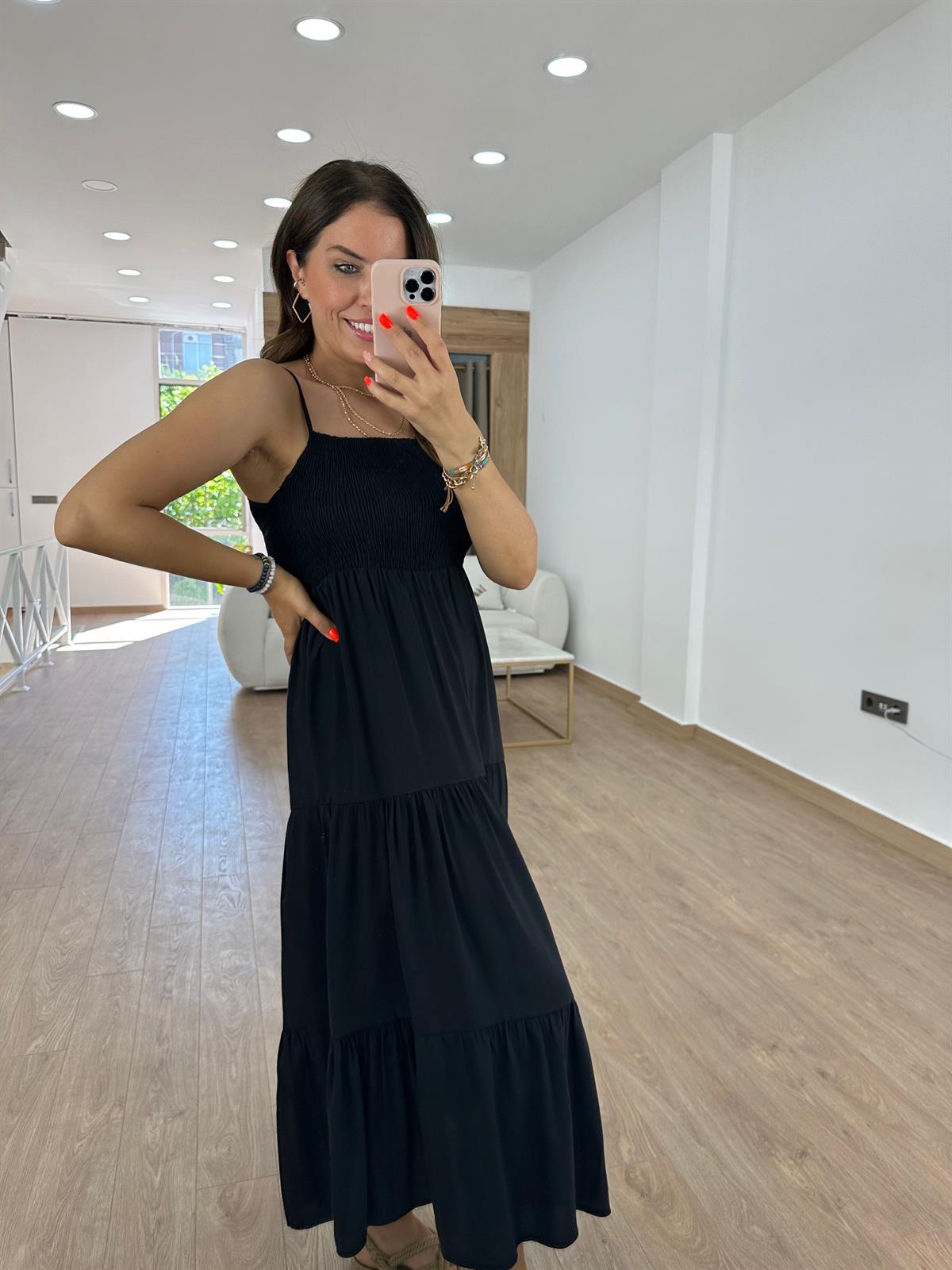 Göğüsü Gipeli Askılı Elbise-Siyah