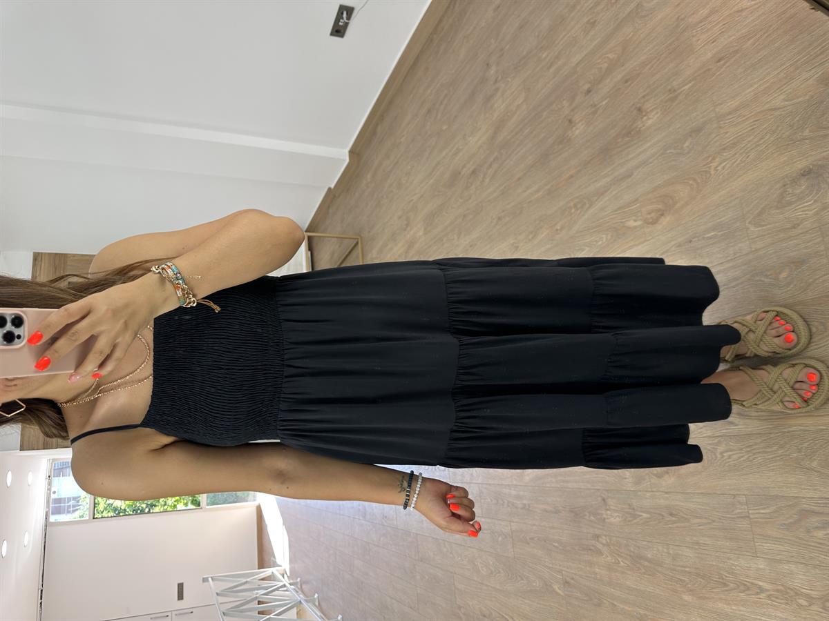 Göğüsü Gipeli Askılı Elbise-Siyah