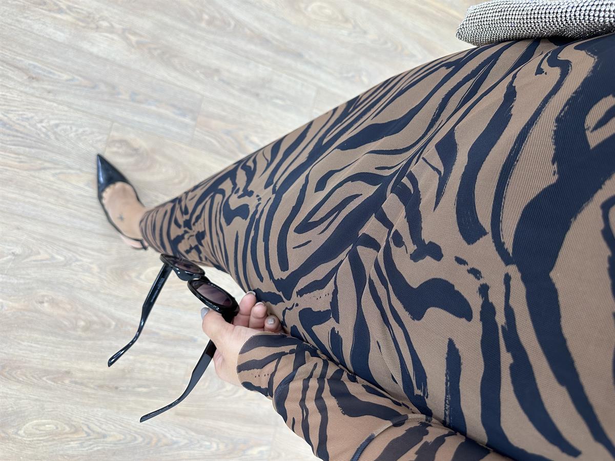 Göğüsü Katlı Zebra Desen Tül Elbise