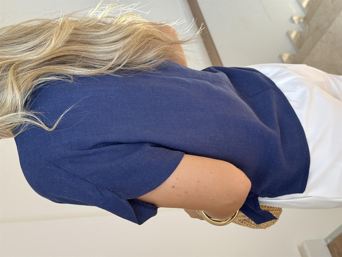 Gold Aksesuar Detaylı Keten Bluz - Lacivert