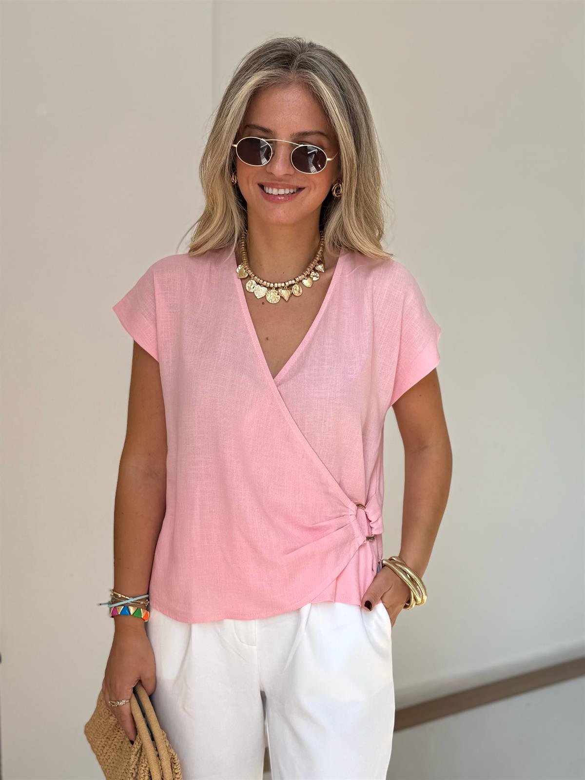 Gold Aksesuar Detaylı Keten Bluz - Somon