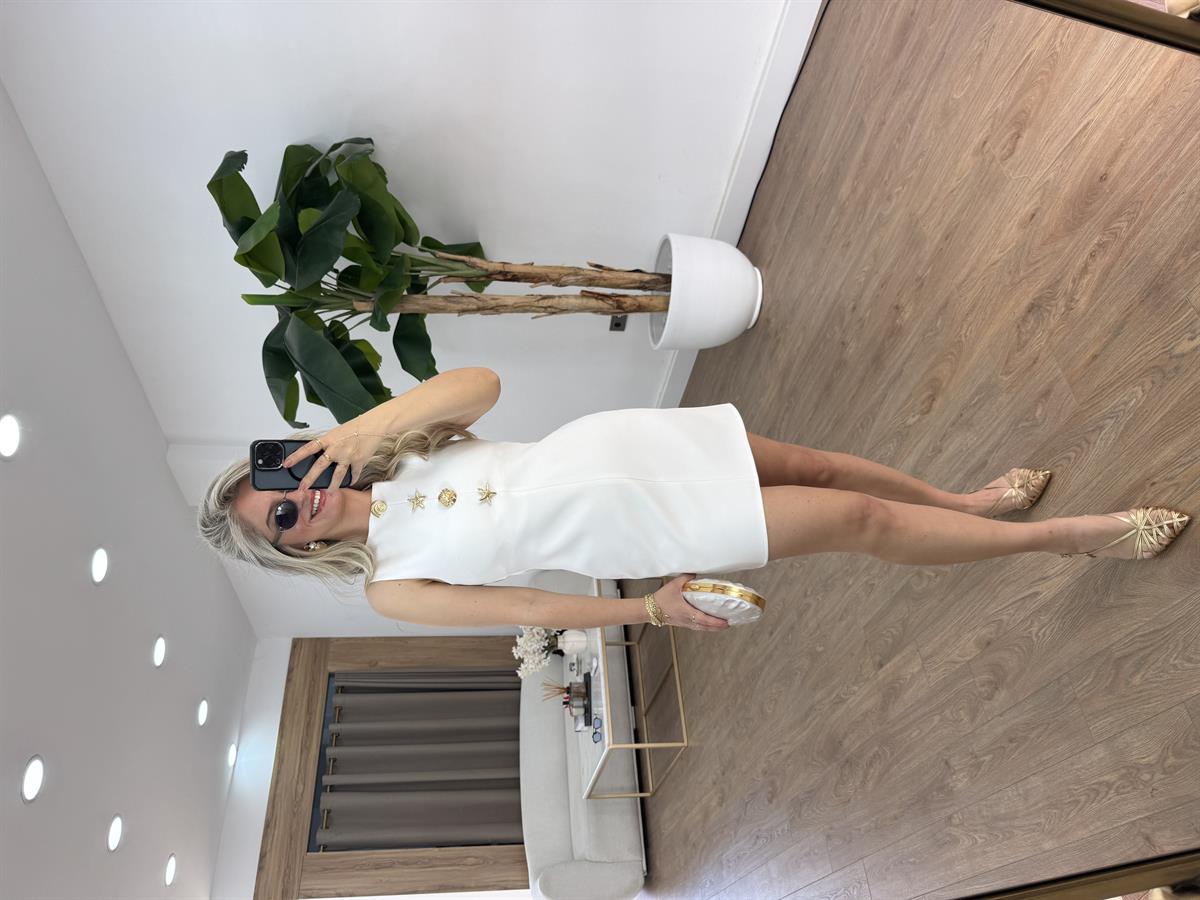 Gold Aksesuarlı Mini Elbise - Beyaz