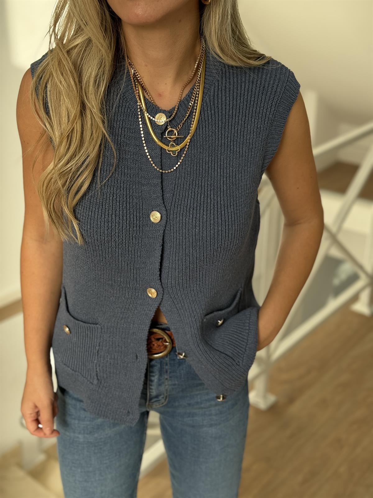 Gold Düğme Detaylı Triko Yelek-İndigo