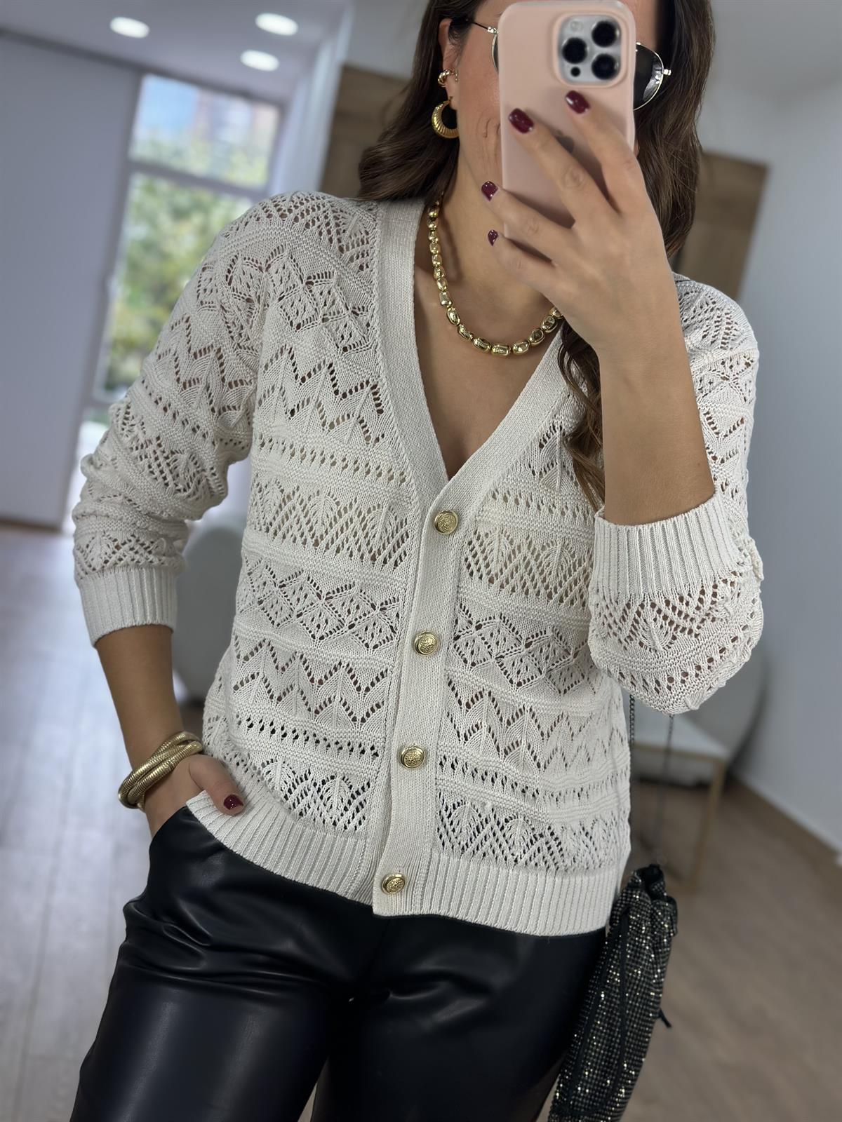 Gold Düğmeli Ajurlu Hırka-Ekru