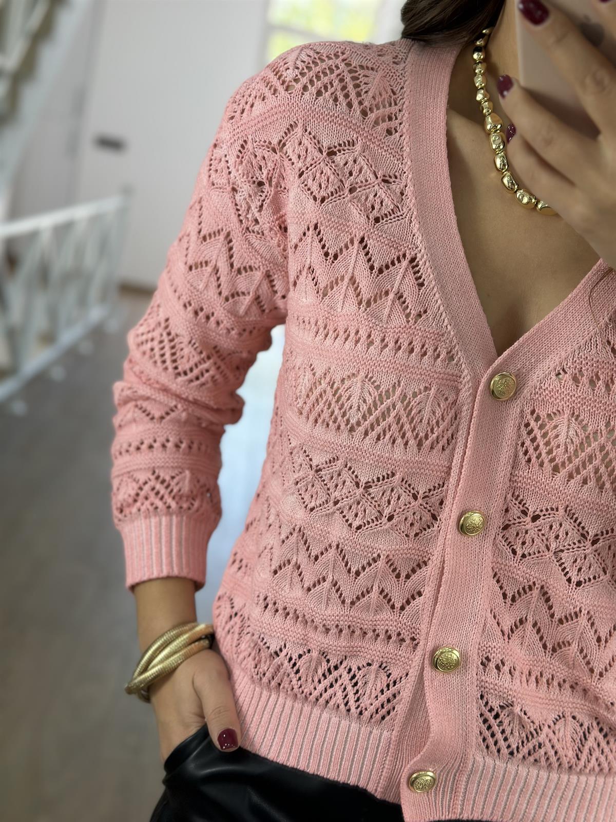 Gold Düğmeli Ajurlu Hırka-Pembe