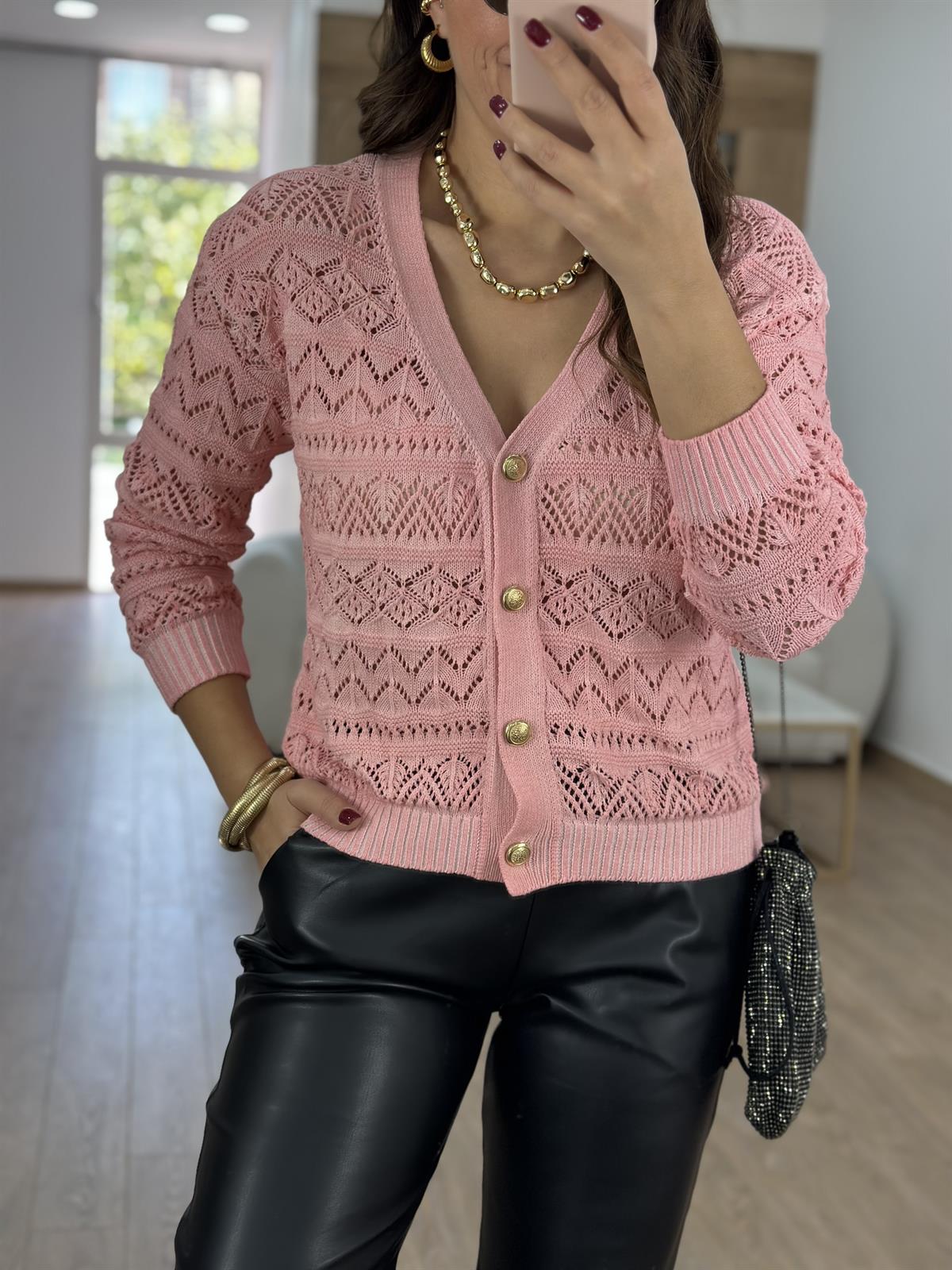 Gold Düğmeli Ajurlu Hırka-Pembe