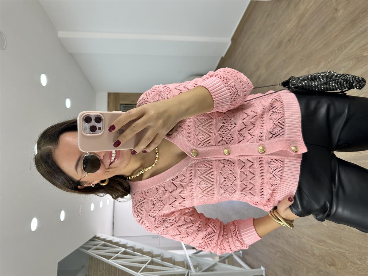 Gold Düğmeli Ajurlu Hırka-Pembe