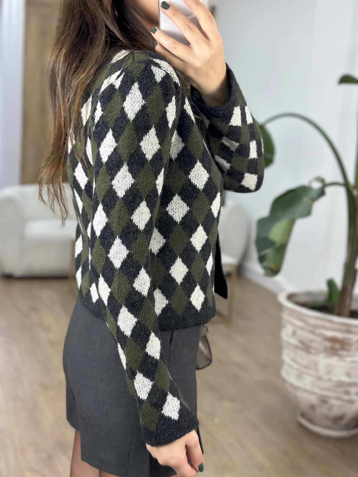 Gold Düğmeli Baklava Desen Hırka - Yeşil