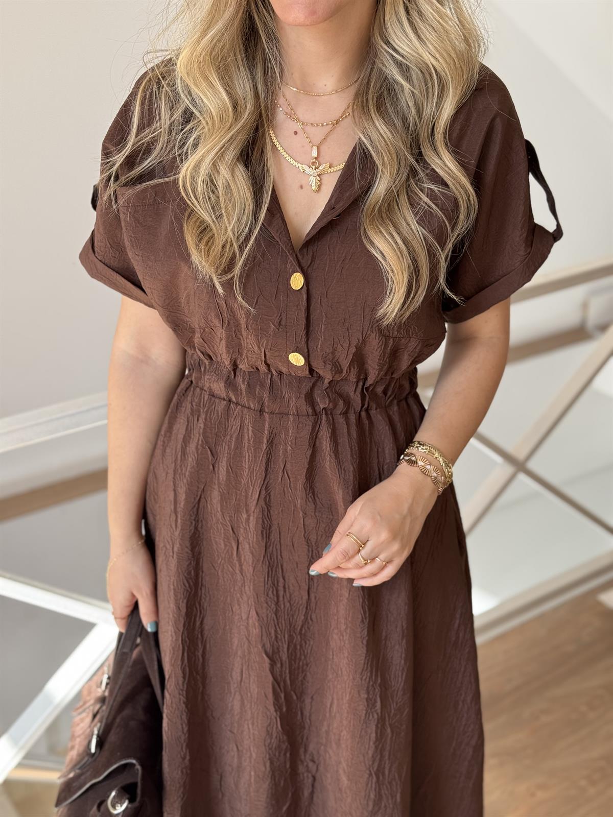 Gold Düğmeli Beli Lastikli Midi Elbise - Kahverengi