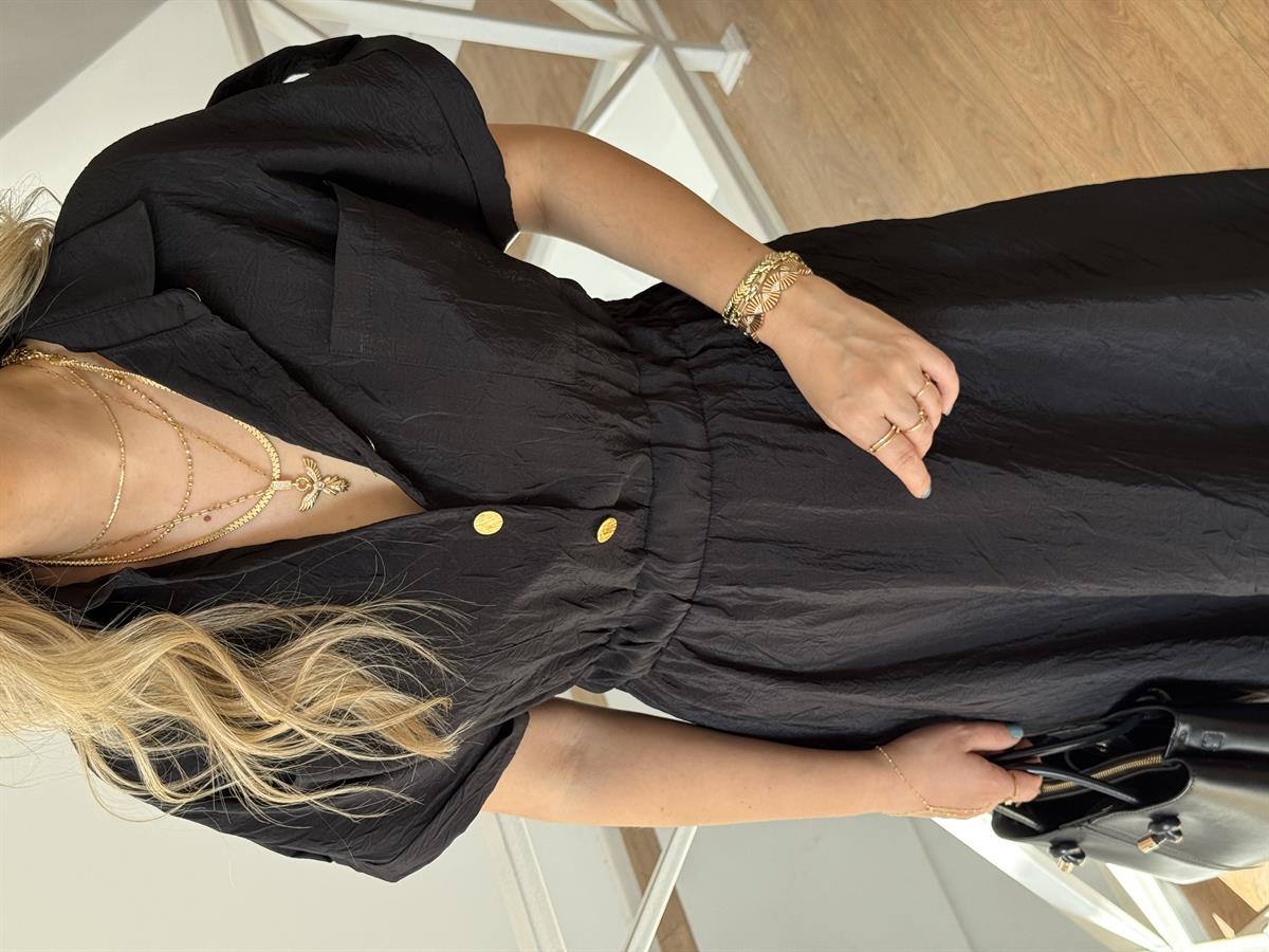 Gold Düğmeli Beli Lastikli Midi Elbise - Siyah