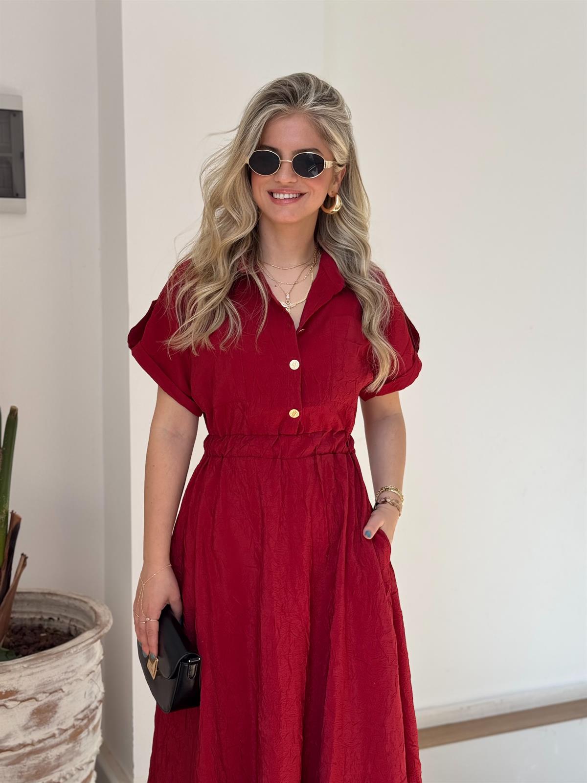 Gold Düğmeli Beli Lastikli Midi Elbise - Kırmızı