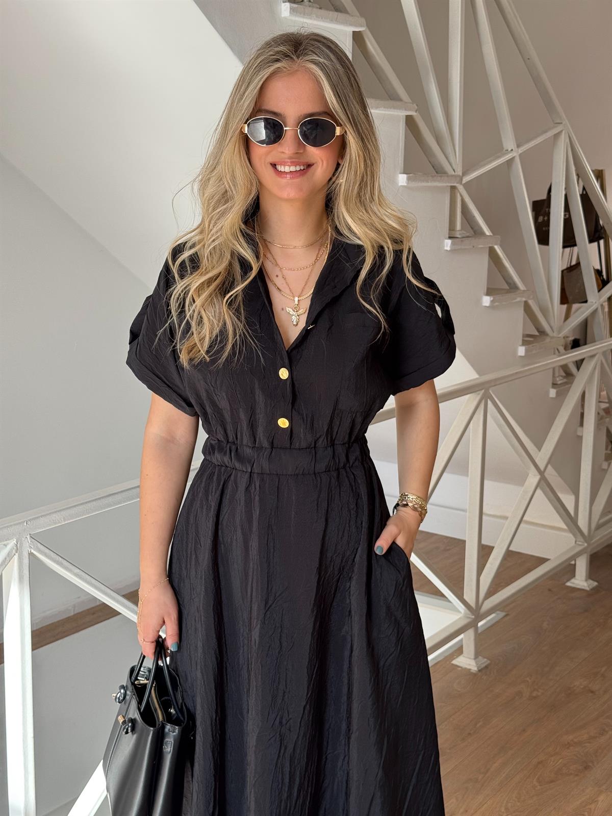 Gold Düğmeli Beli Lastikli Midi Elbise - Siyah