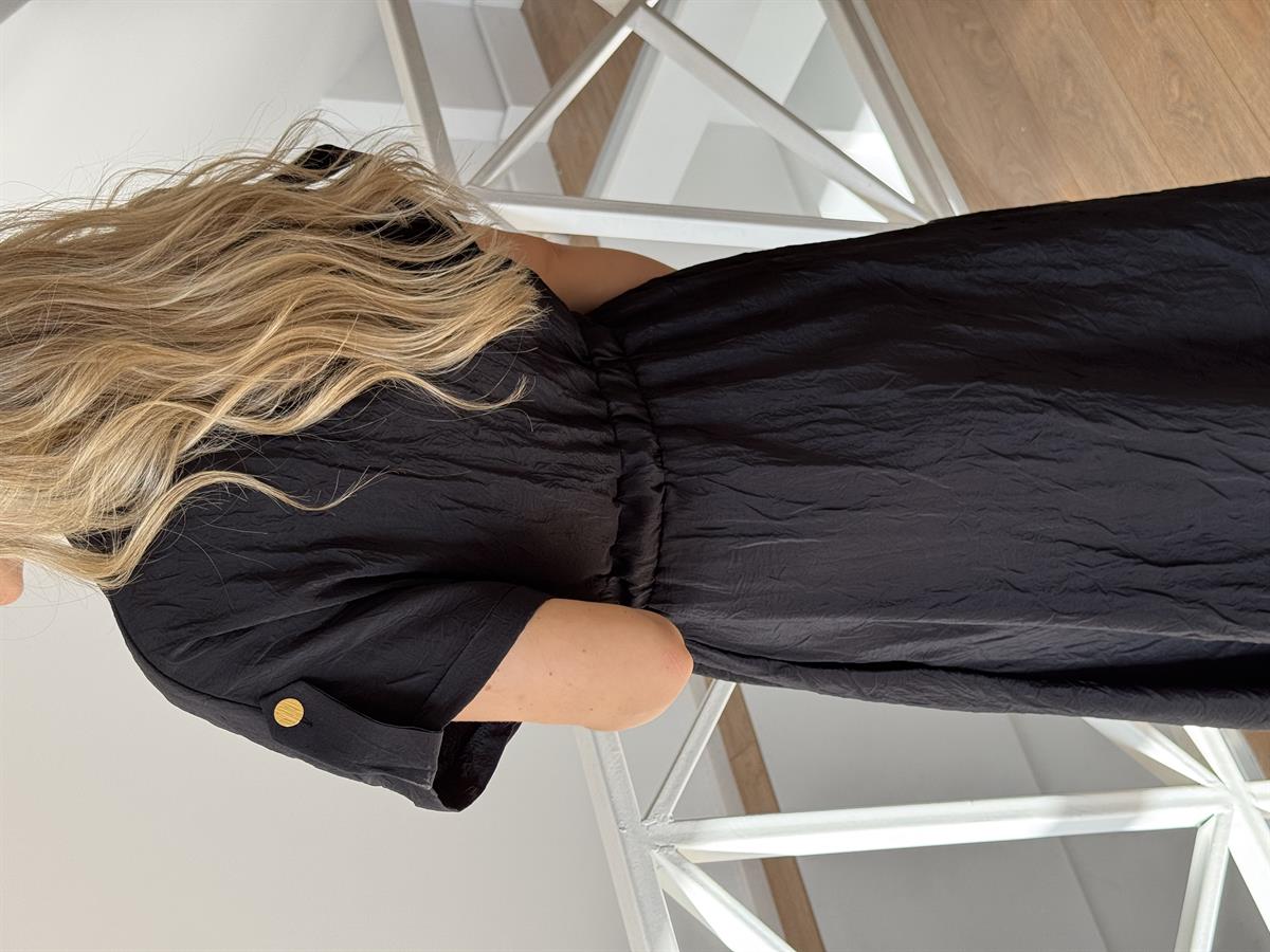 Gold Düğmeli Beli Lastikli Midi Elbise - Siyah