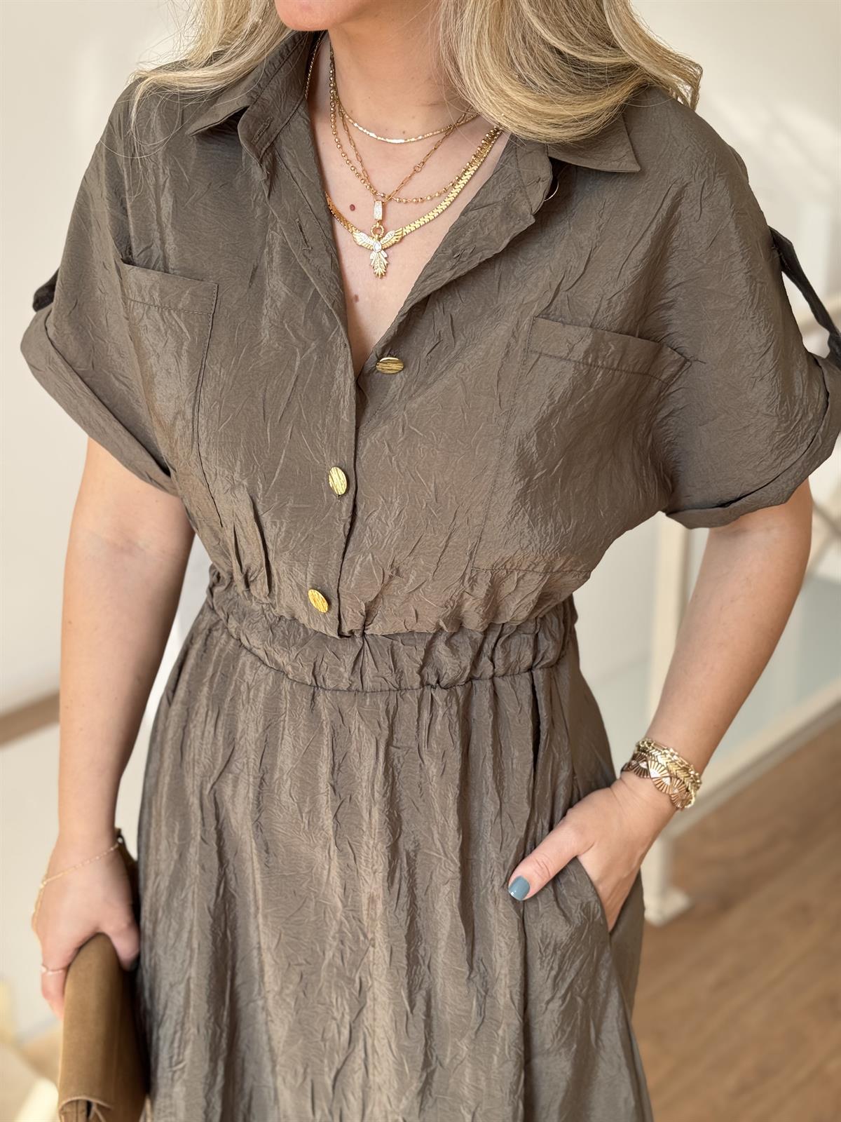 Gold Düğmeli Beli Lastikli Midi Elbise - Haki