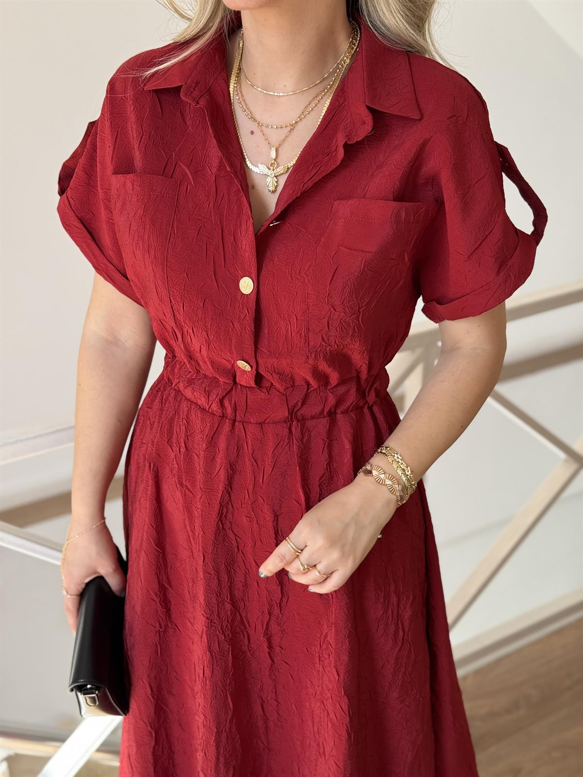 Gold Düğmeli Beli Lastikli Midi Elbise - Kırmızı