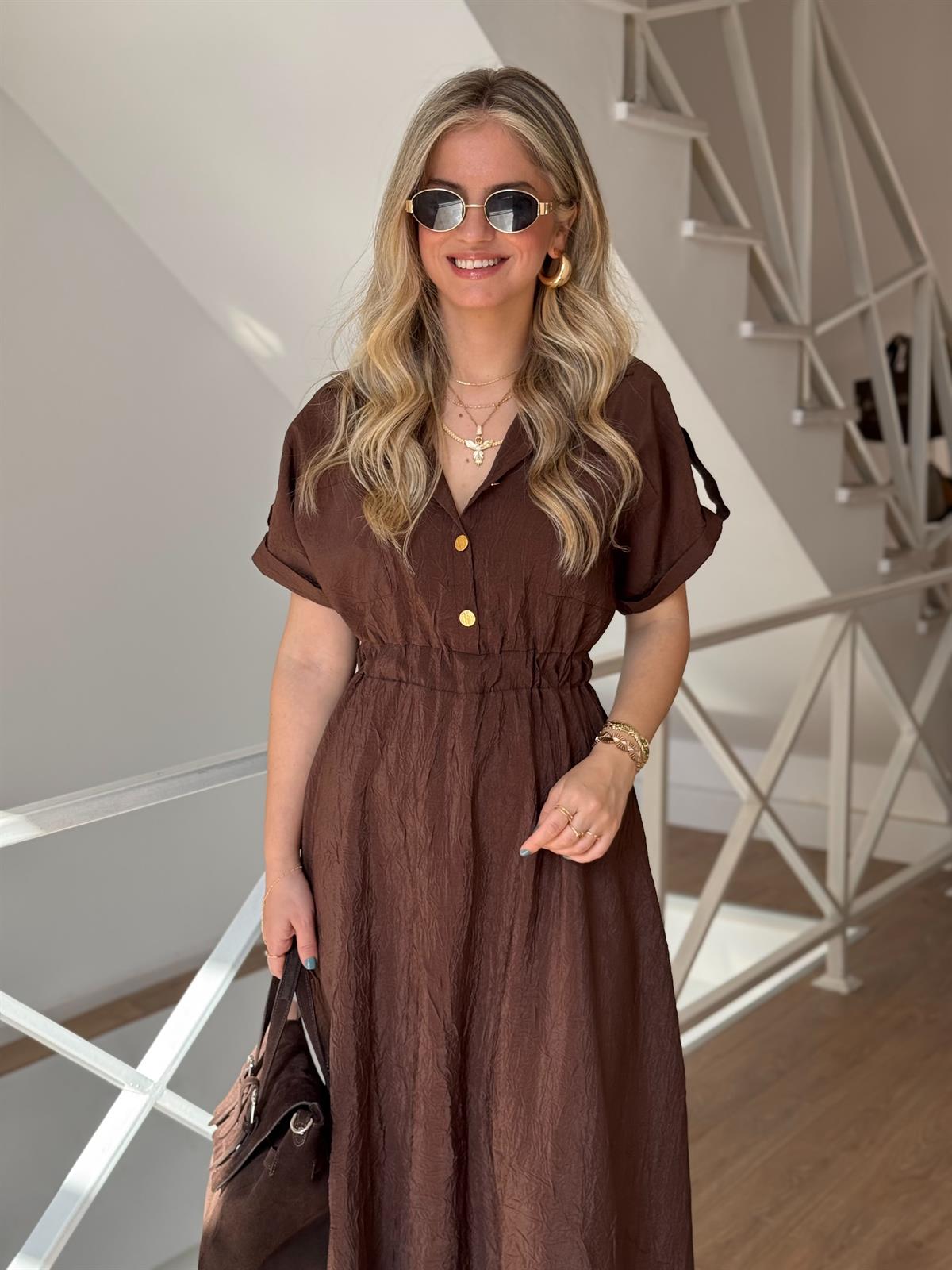 Gold Düğmeli Beli Lastikli Midi Elbise - Kahverengi