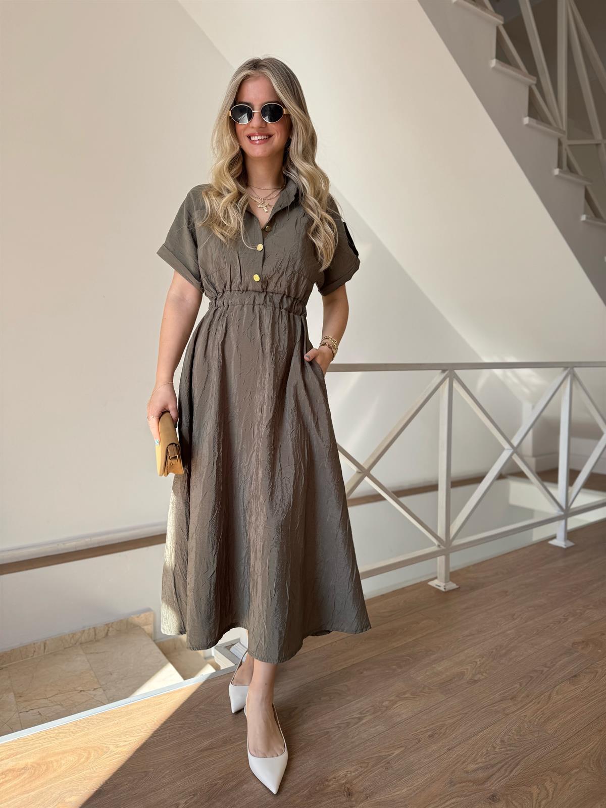 Gold Düğmeli Beli Lastikli Midi Elbise - Haki