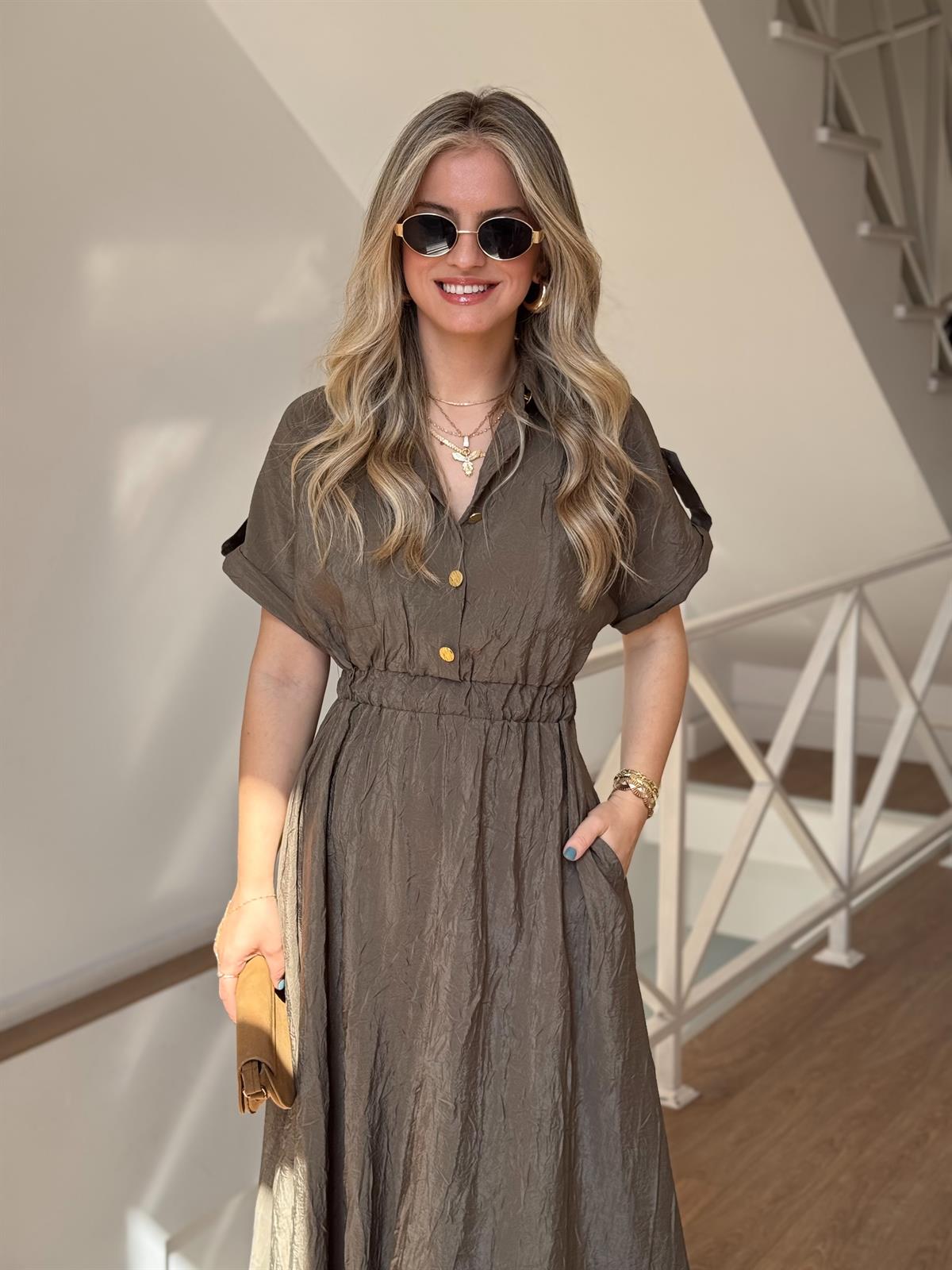 Gold Düğmeli Beli Lastikli Midi Elbise - Haki