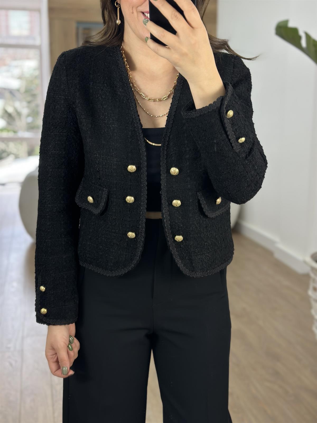 Gold Düğmeli Biye Detaylı Tüvit Ceket