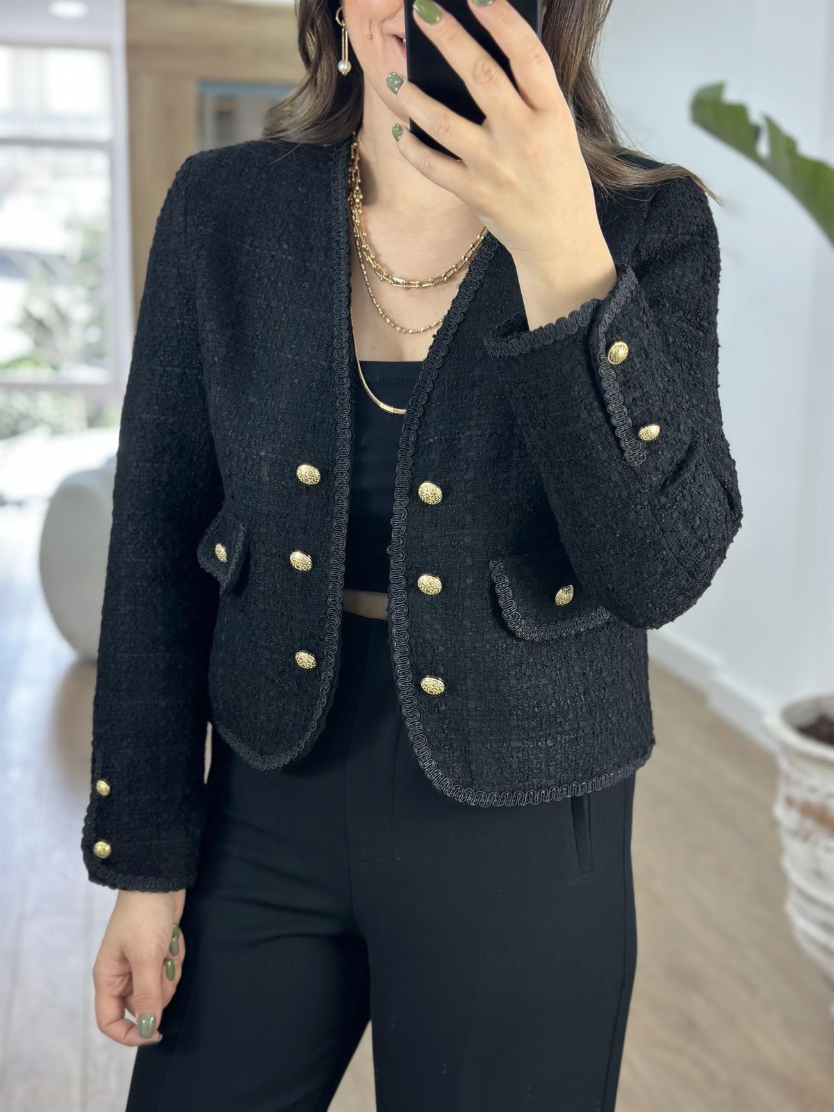 Gold Düğmeli Biye Detaylı Tüvit Ceket