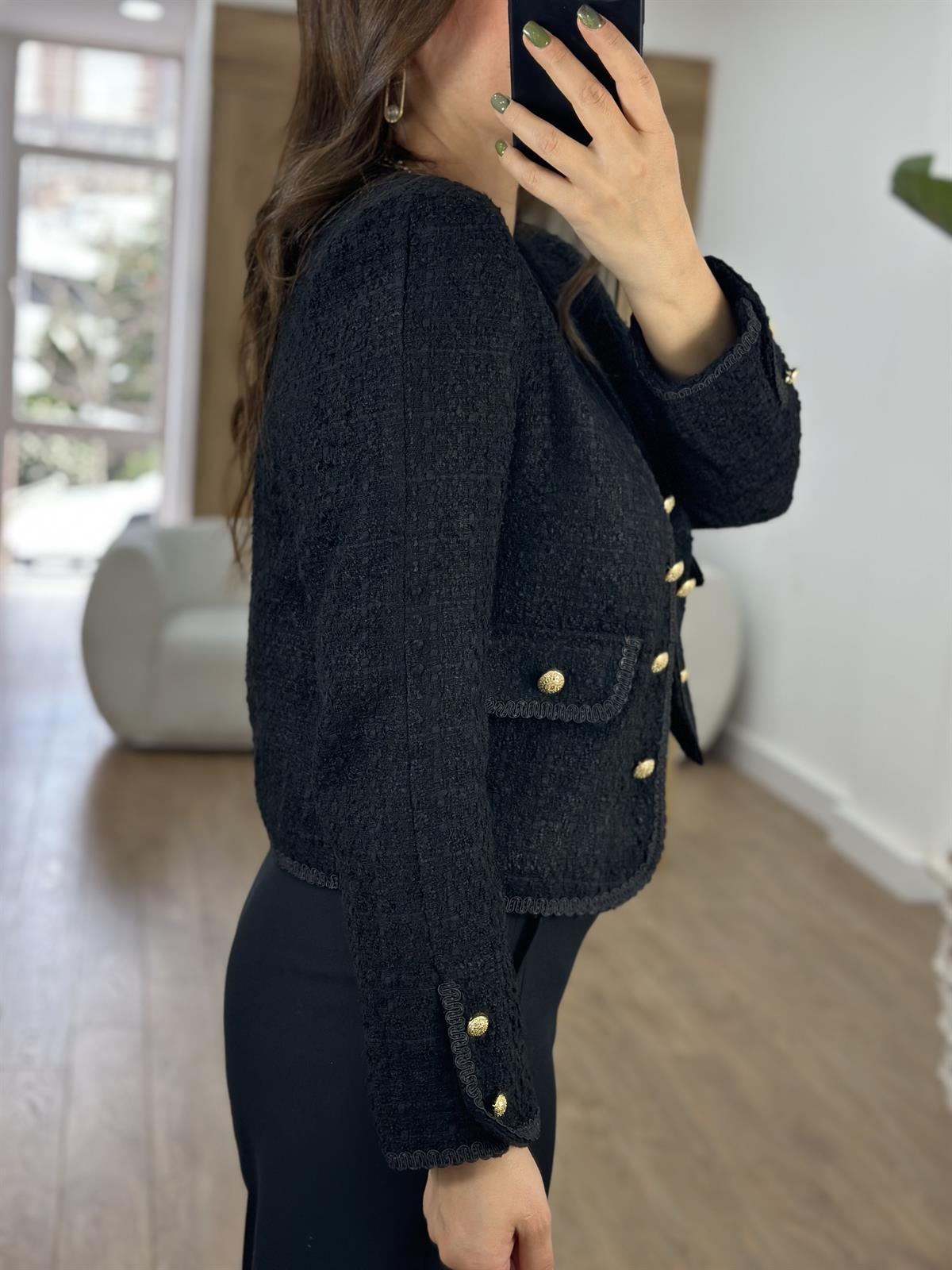 Gold Düğmeli Biye Detaylı Tüvit Ceket