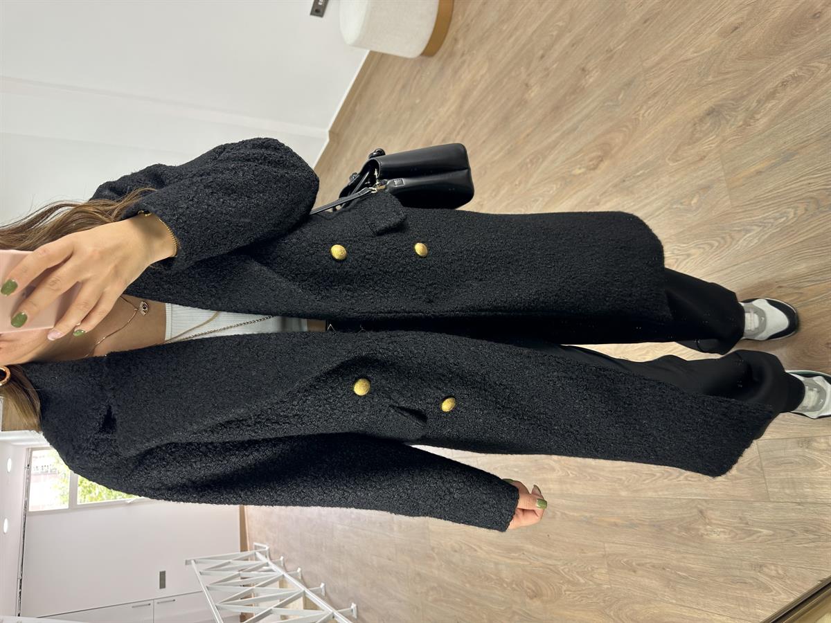 Gold Düğmeli Buklet Kaban-Siyah