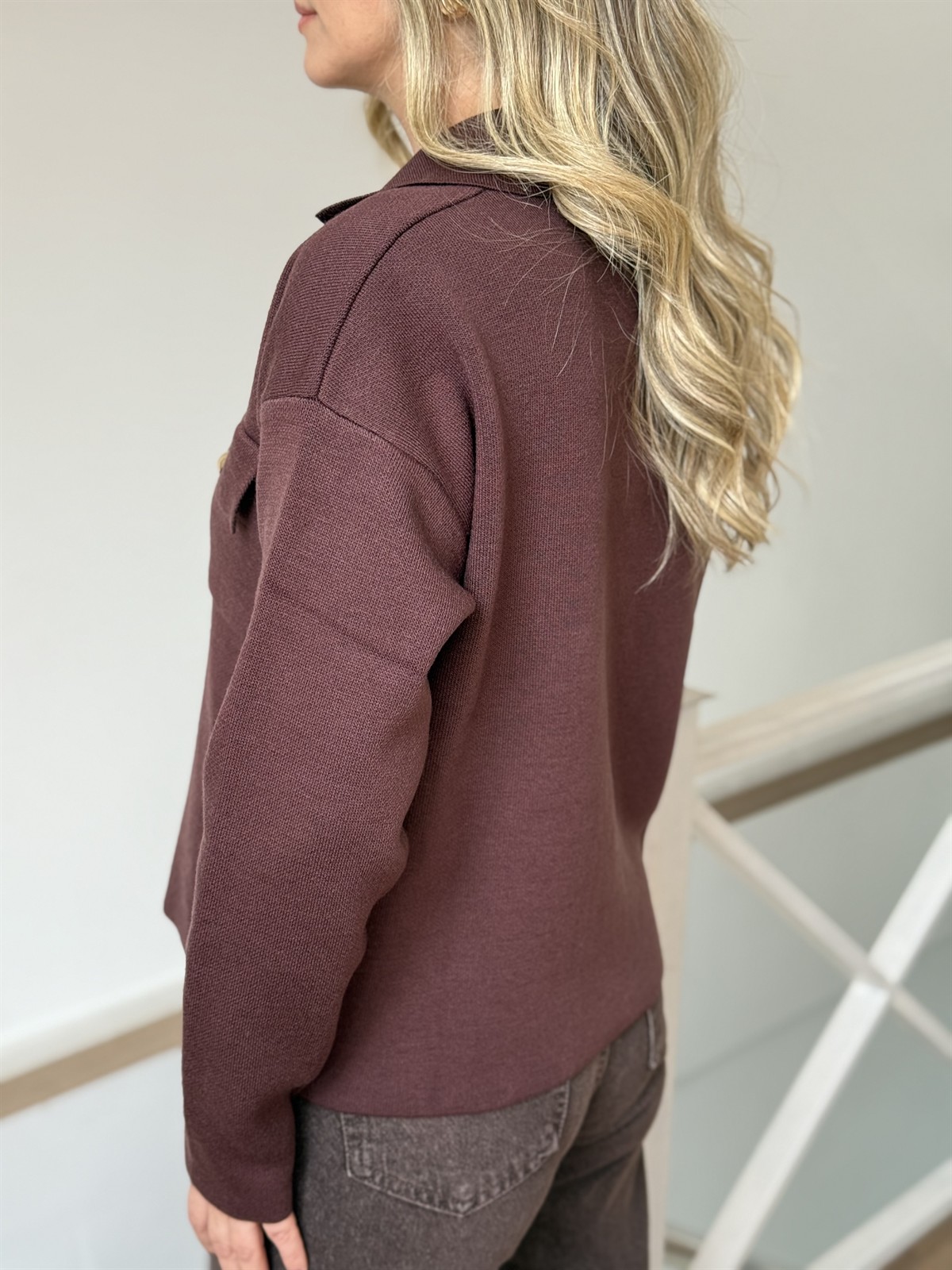 Gold Düğmeli Cepli Hırka - Cherry