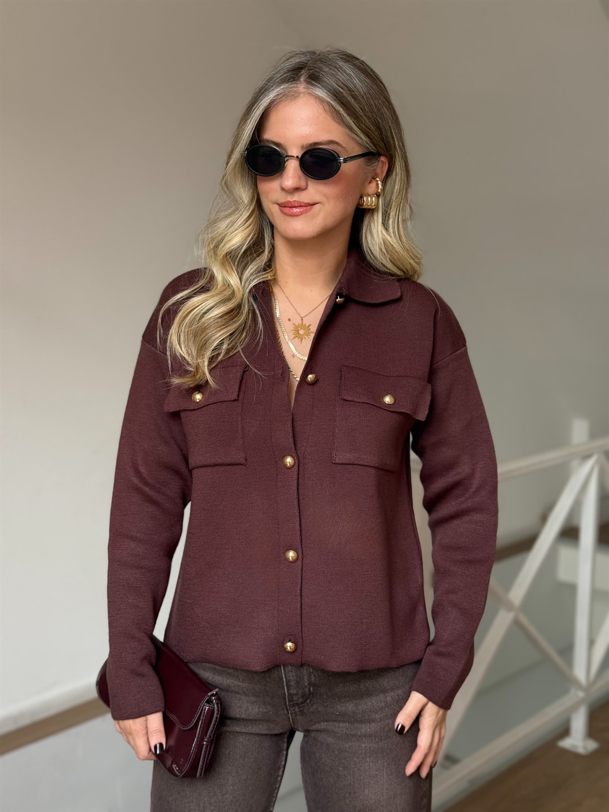 Gold Düğmeli Cepli Hırka - Cherry