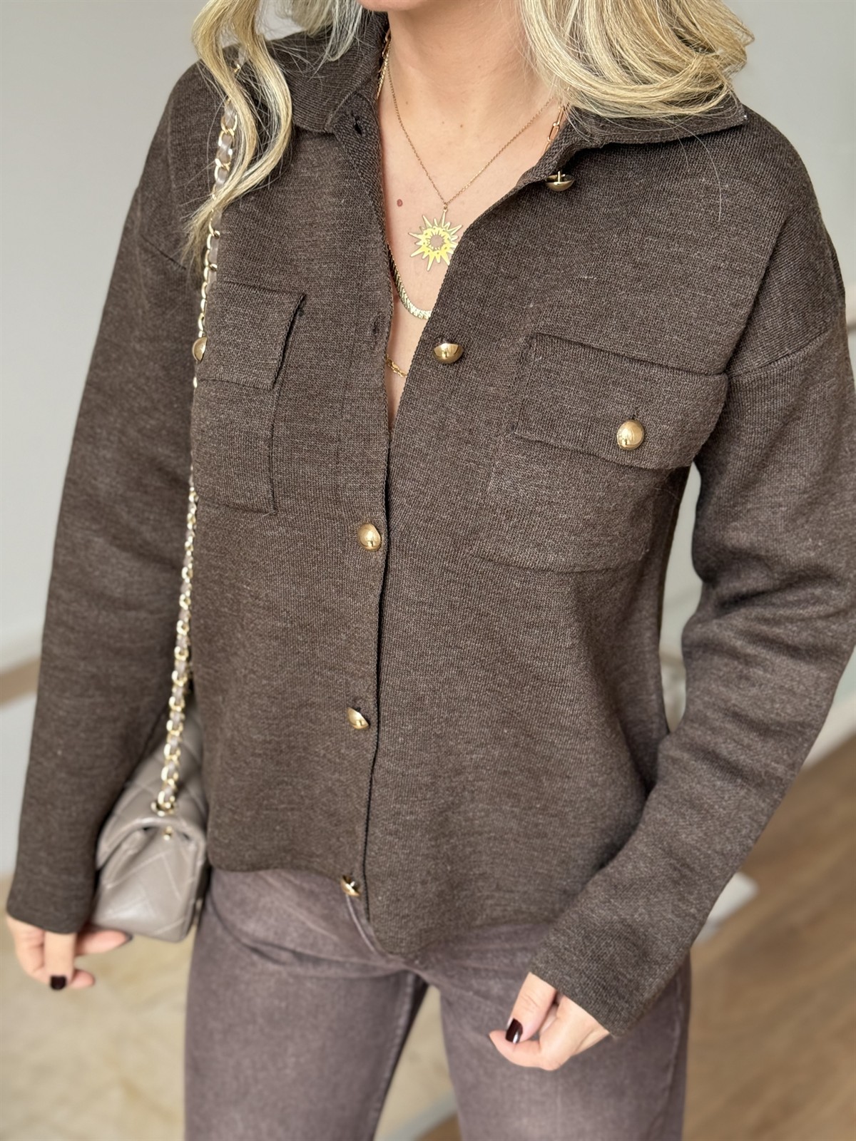 Gold Düğmeli Cepli Hırka - Kahverengi