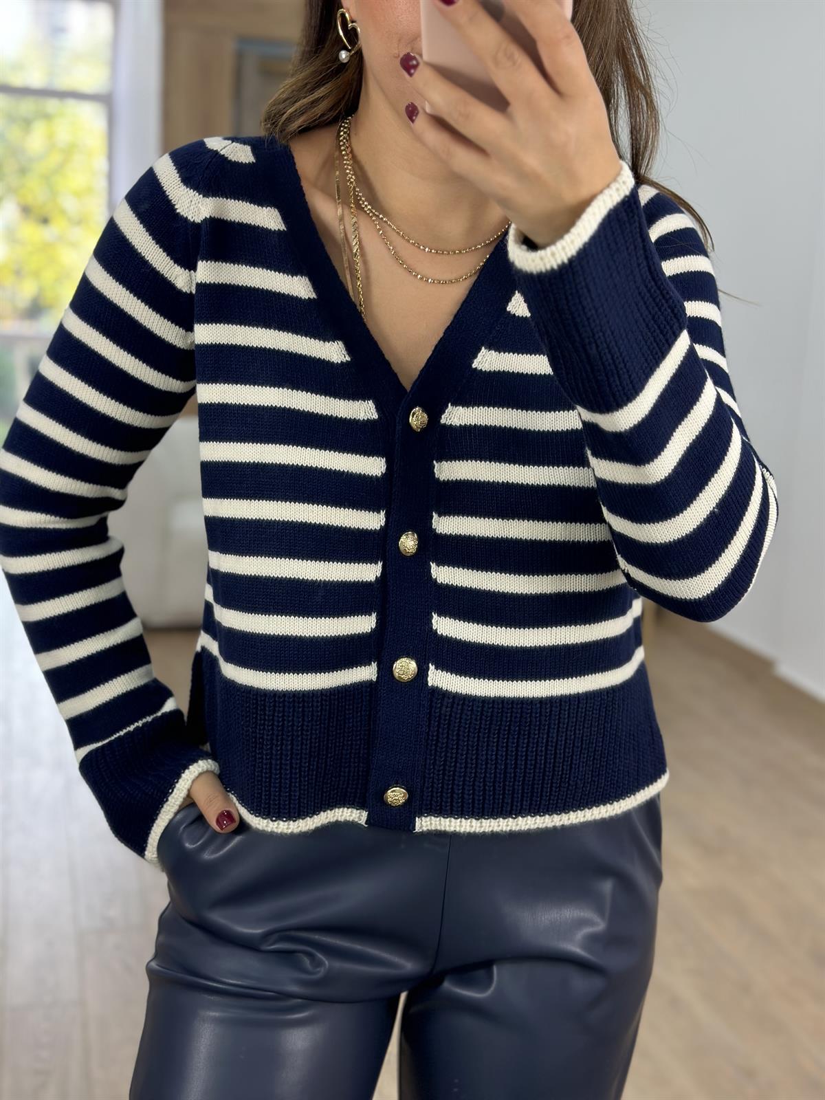 Gold Düğmeli Çizgili Triko Hırka-Lacivert